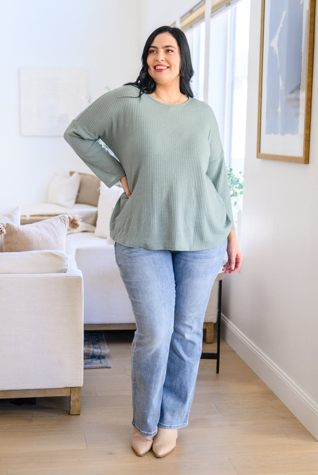 Austin Waffle Knit Basic Top In Sage (Online Exclusive) - Uptown Boutique Ramona