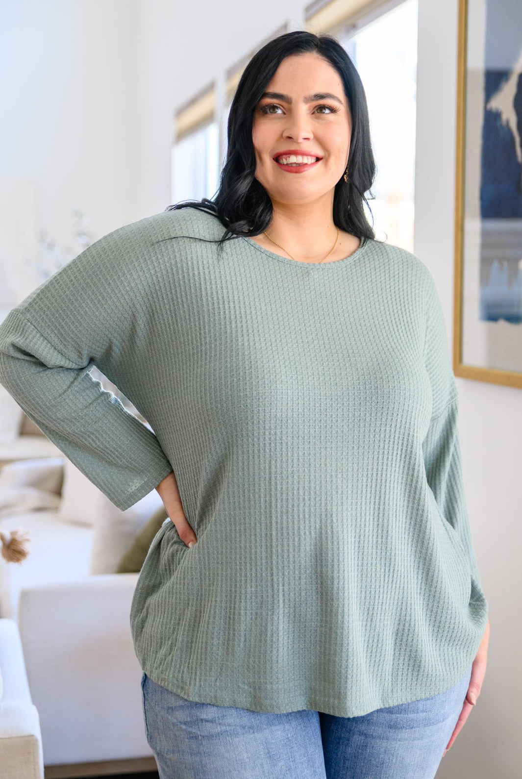 Austin Waffle Knit Basic Top In Sage (Online Exclusive) - Uptown Boutique Ramona
