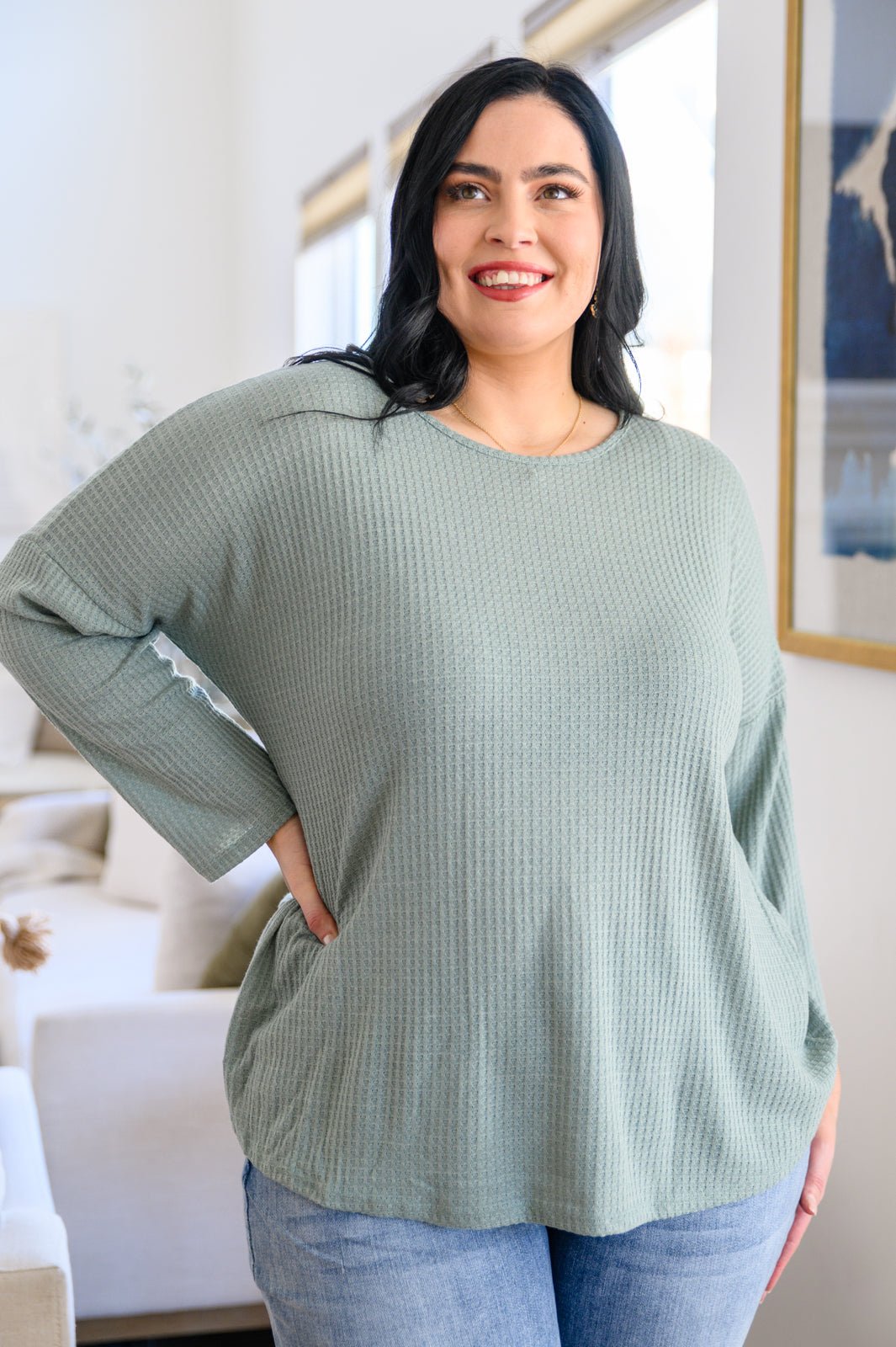 Austin Waffle Knit Basic Top In Sage (Online Exclusive) - Uptown Boutique Ramona