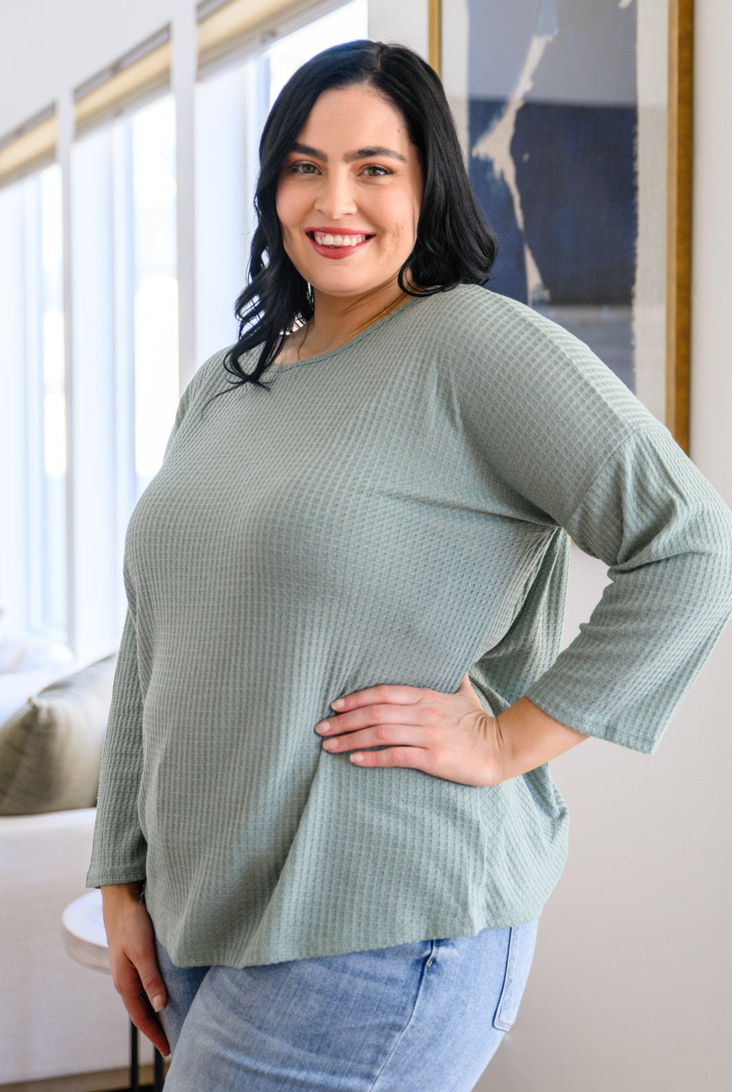 Austin Waffle Knit Basic Top In Sage (Online Exclusive) - Uptown Boutique Ramona