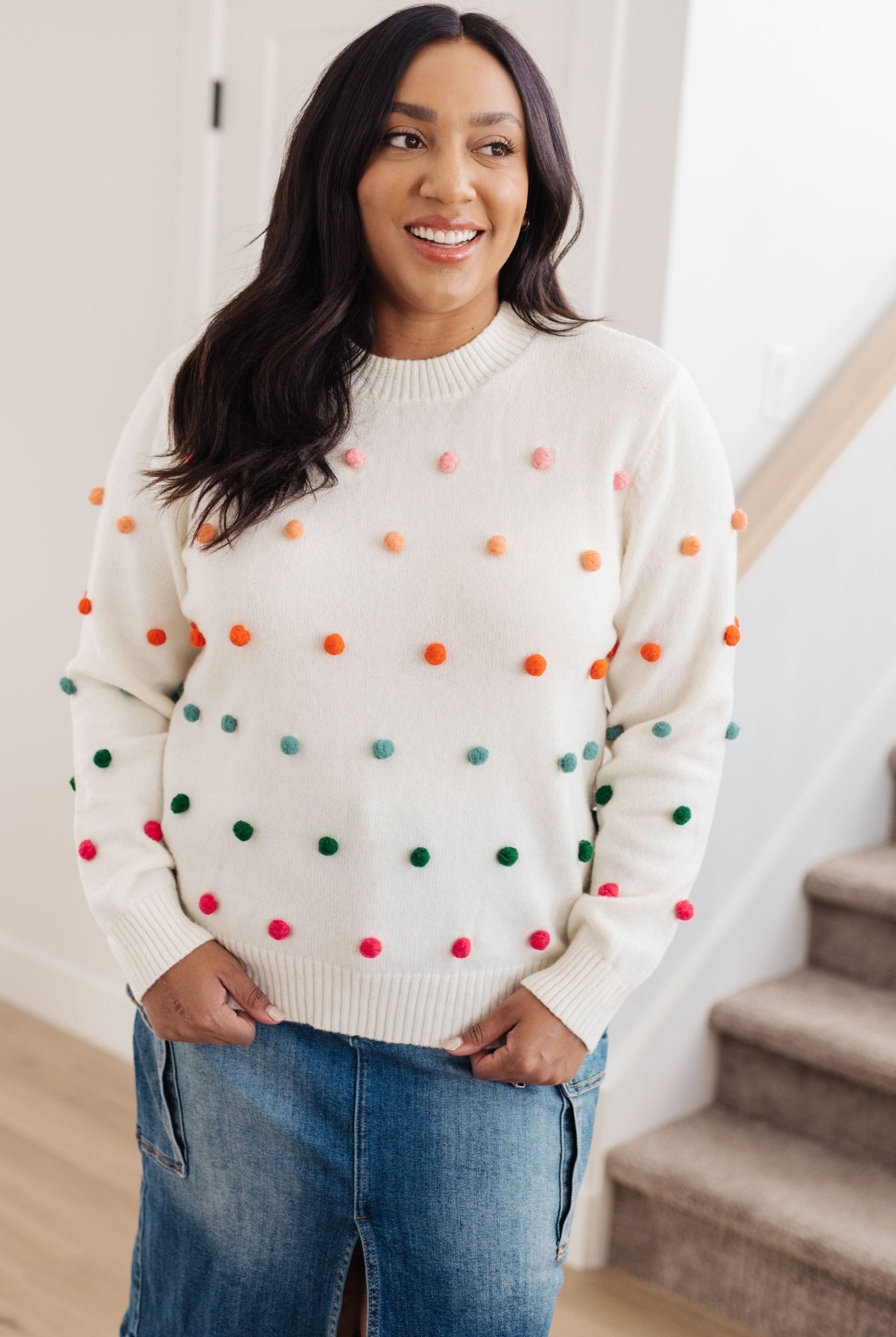Candy Buttons Pom Detail Sweater (Online Exclusive) - Uptown Boutique Ramona