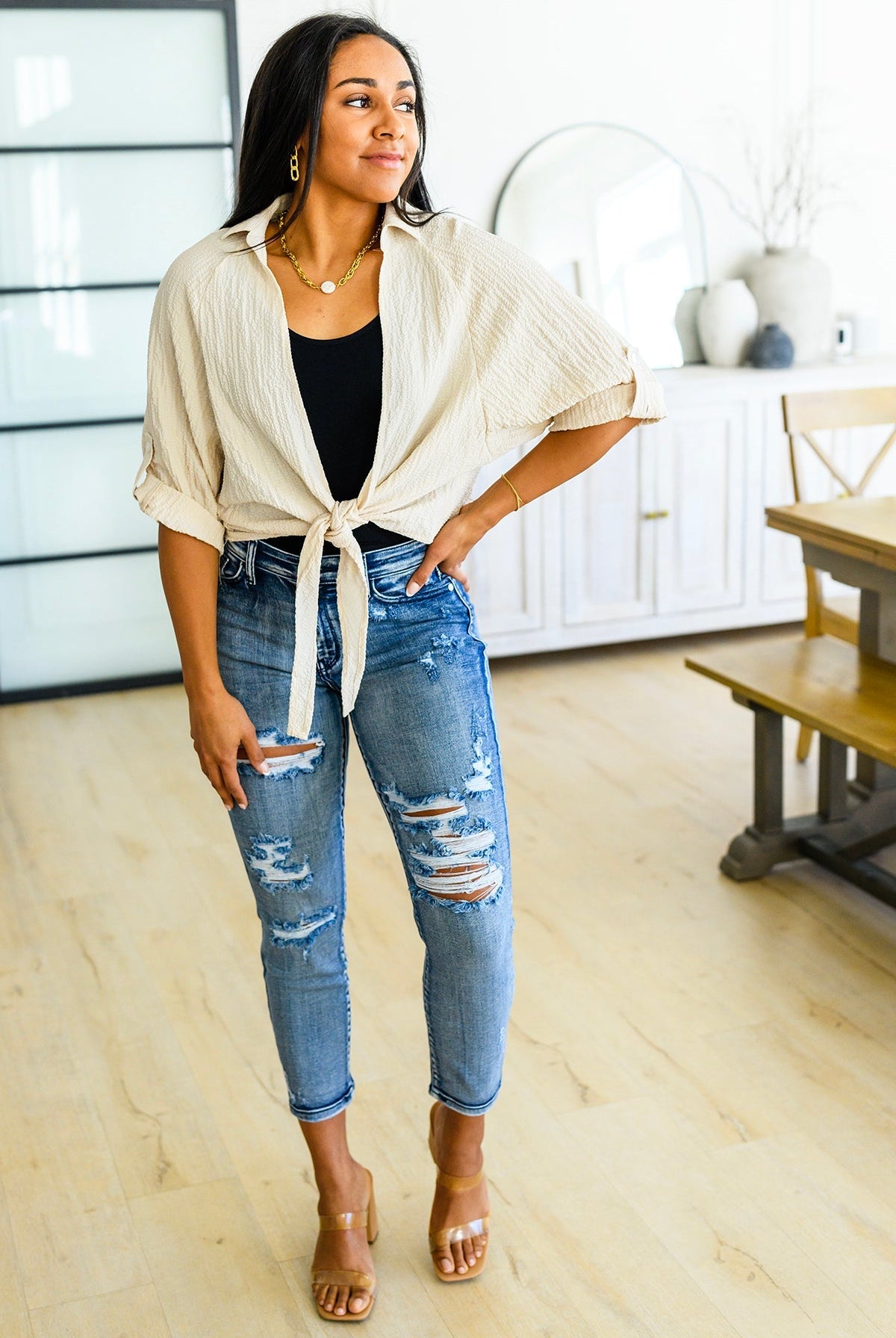 Castaway Tie Front Shirt (Online Exclusive) - Uptown Boutique Ramona