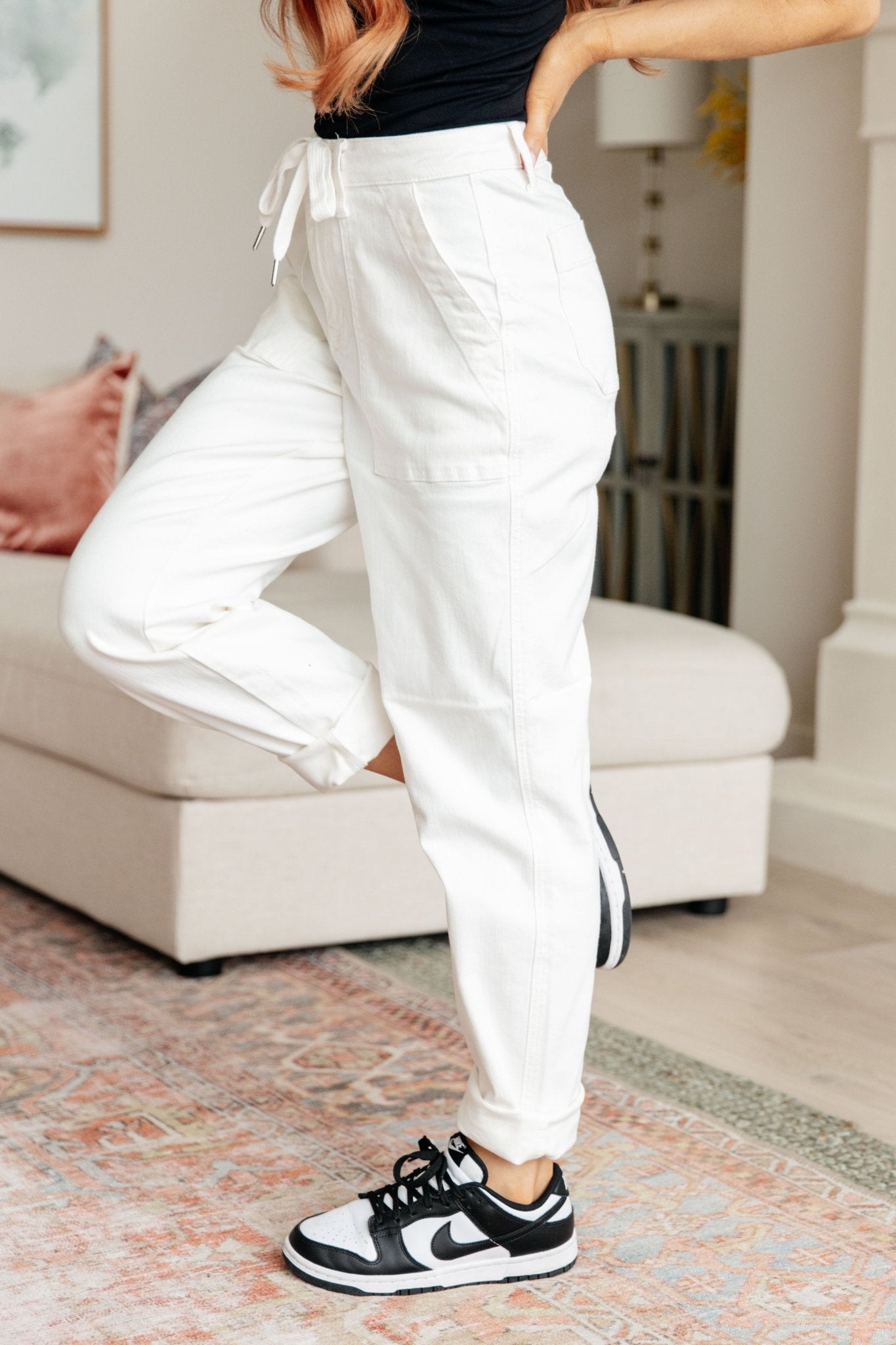 Charlene High Rise Contrast Thread Jogger in Ecru (Online Exclusive) - Uptown Boutique Ramona