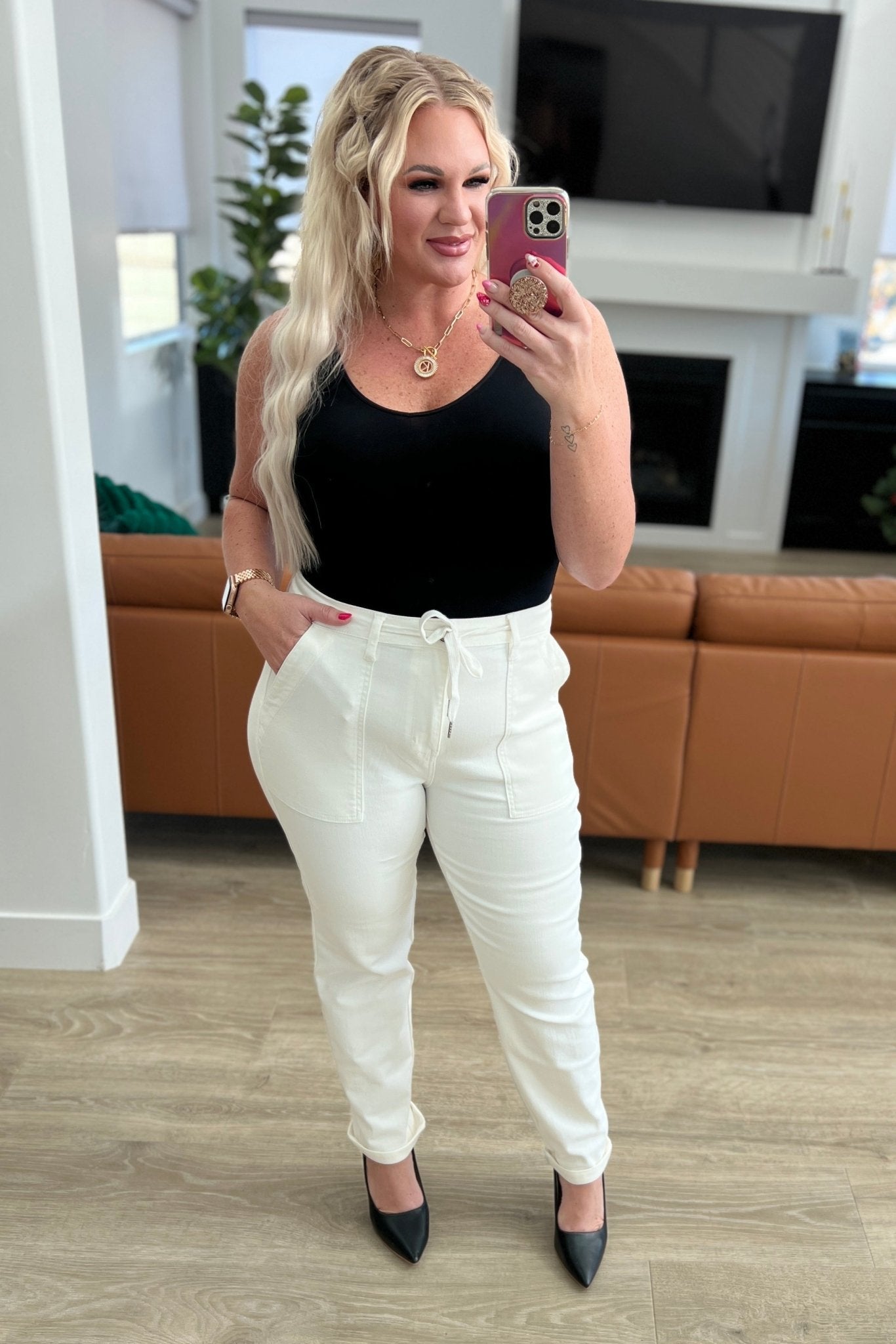 Charlene High Rise Contrast Thread Jogger in Ecru (Online Exclusive) - Uptown Boutique Ramona