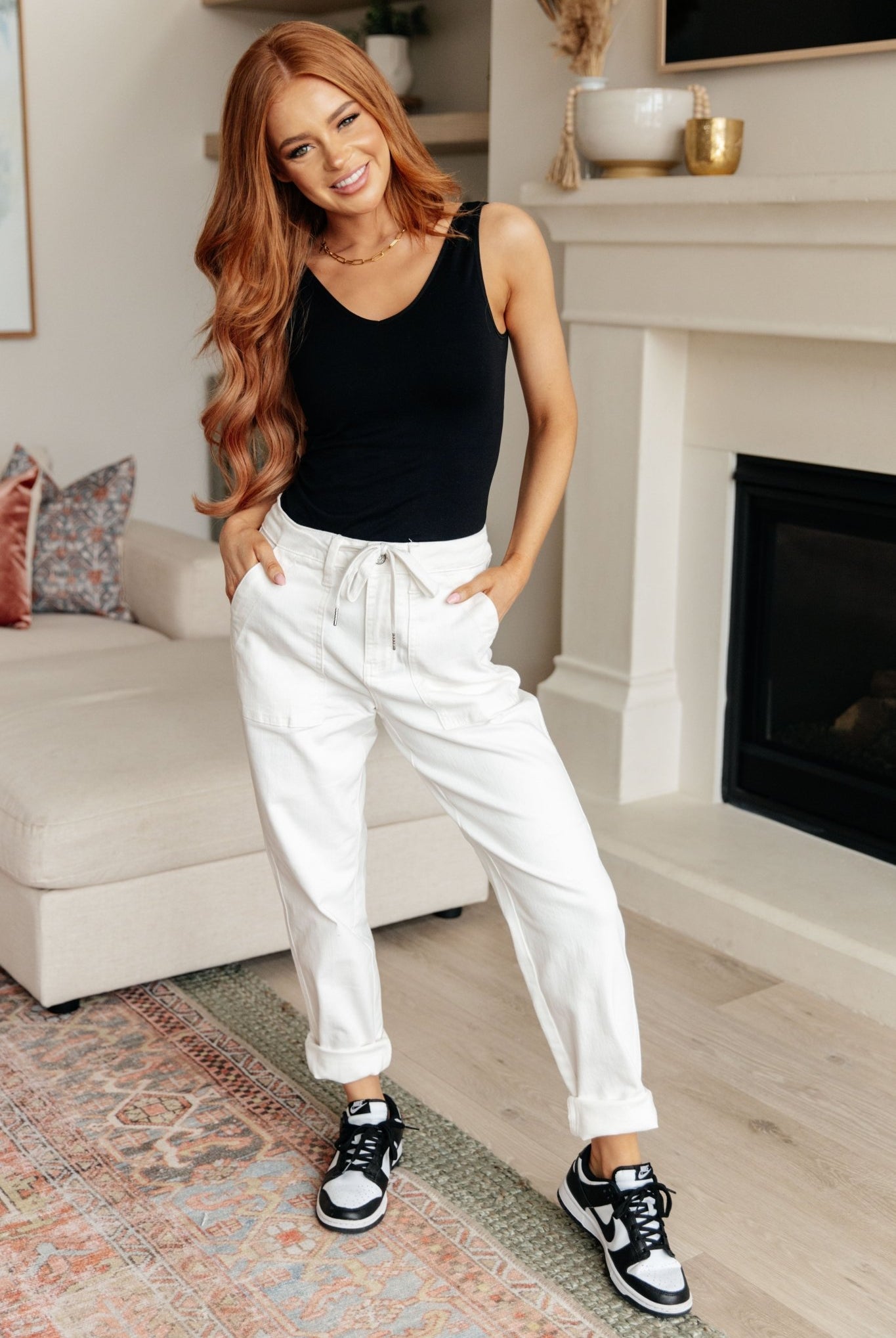 Charlene High Rise Contrast Thread Jogger in Ecru (Online Exclusive) - Uptown Boutique Ramona