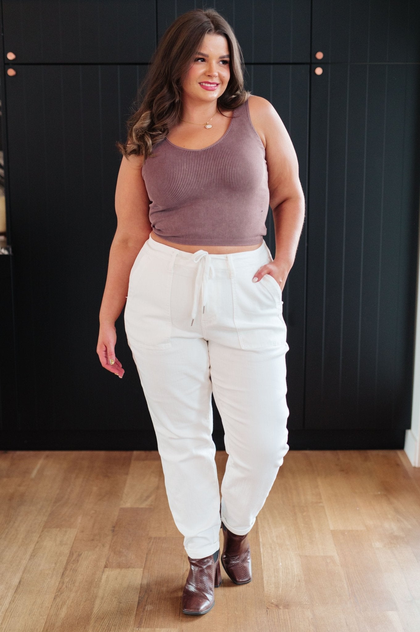 Charlene High Rise Contrast Thread Jogger in Ecru (Online Exclusive) - Uptown Boutique Ramona