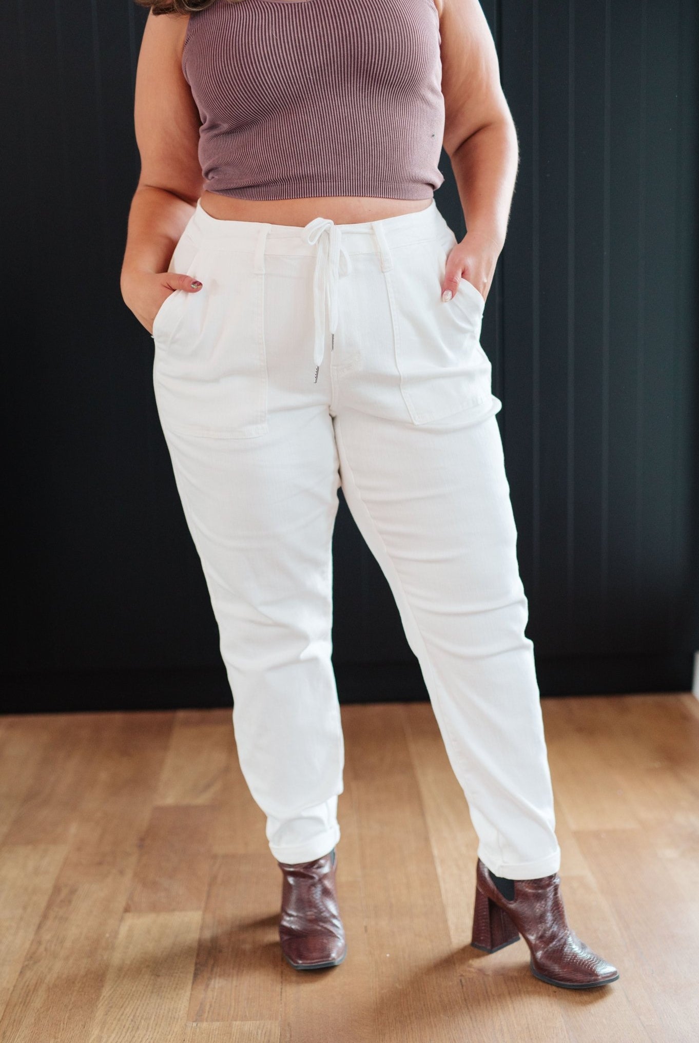 Charlene High Rise Contrast Thread Jogger in Ecru (Online Exclusive) - Uptown Boutique Ramona