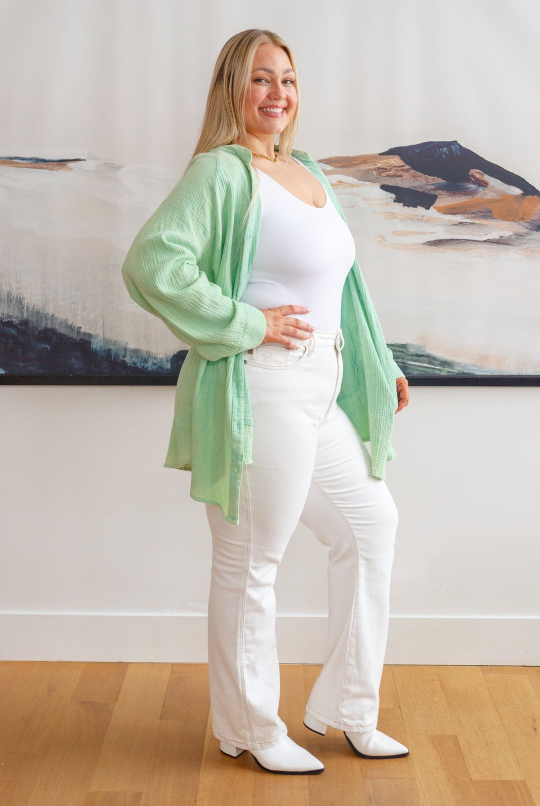 Corey Button Up Top In Vintage Green (Online Exclusive) - Uptown Boutique Ramona