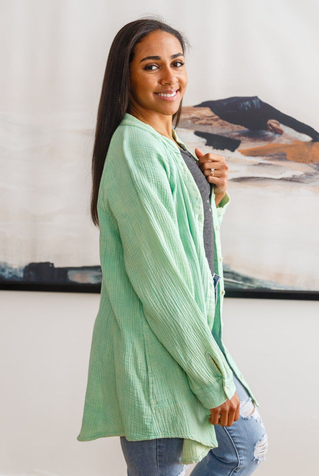 Corey Button Up Top In Vintage Green (Online Exclusive) - Uptown Boutique Ramona