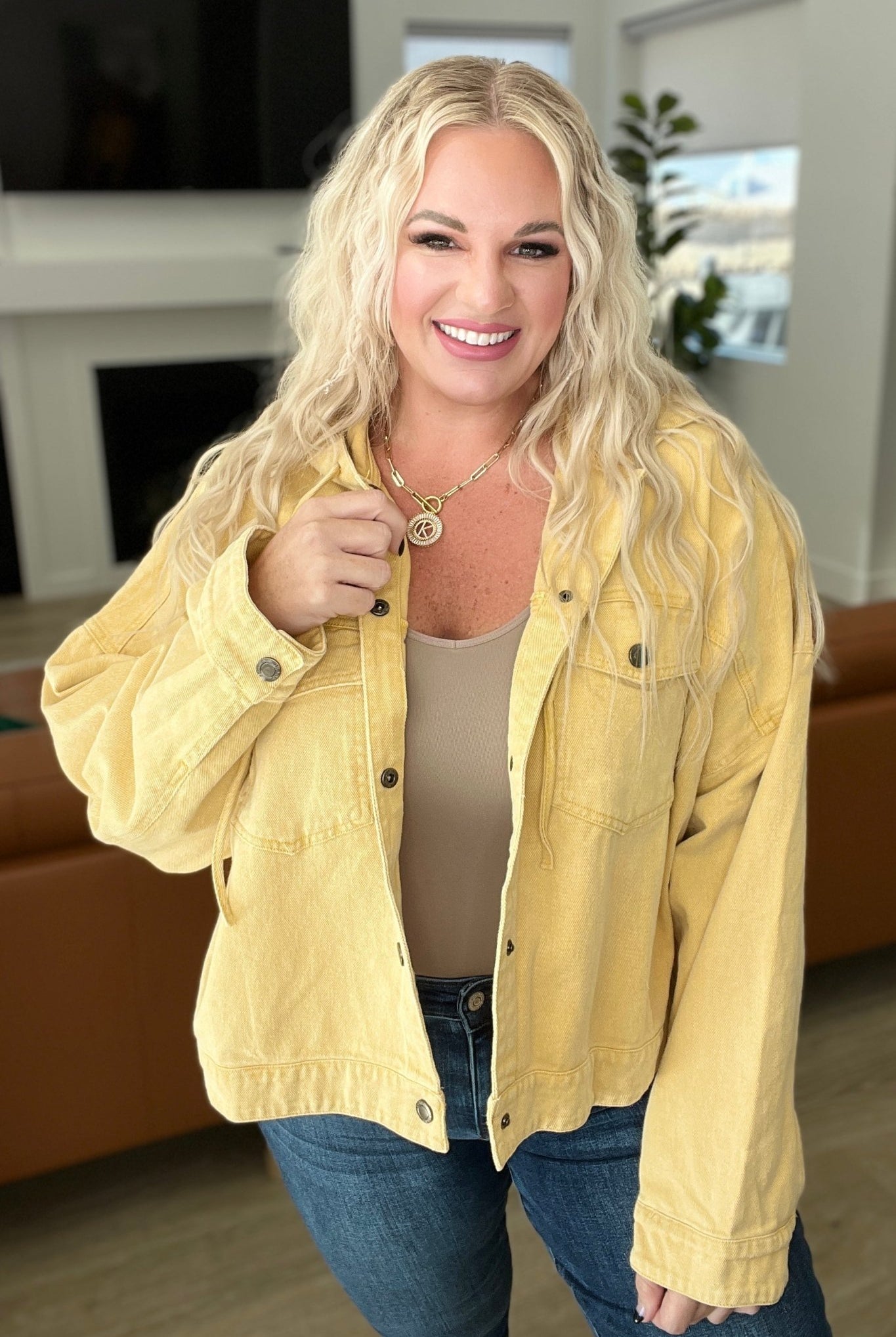 Cropped Hooded Denim Jacket in Mustard (Online Exclusive) - Uptown Boutique Ramona