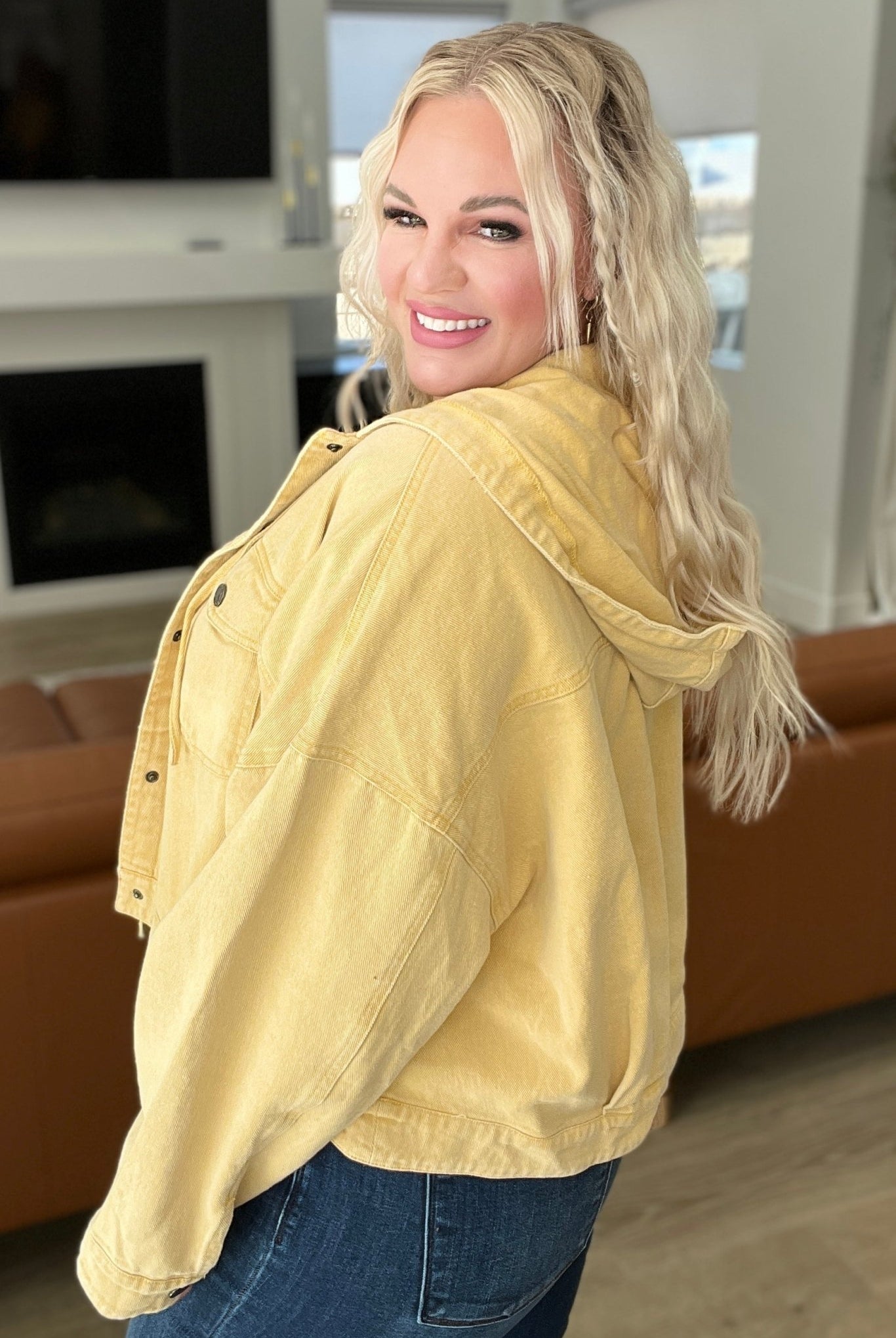 Cropped Hooded Denim Jacket in Mustard (Online Exclusive) - Uptown Boutique Ramona
