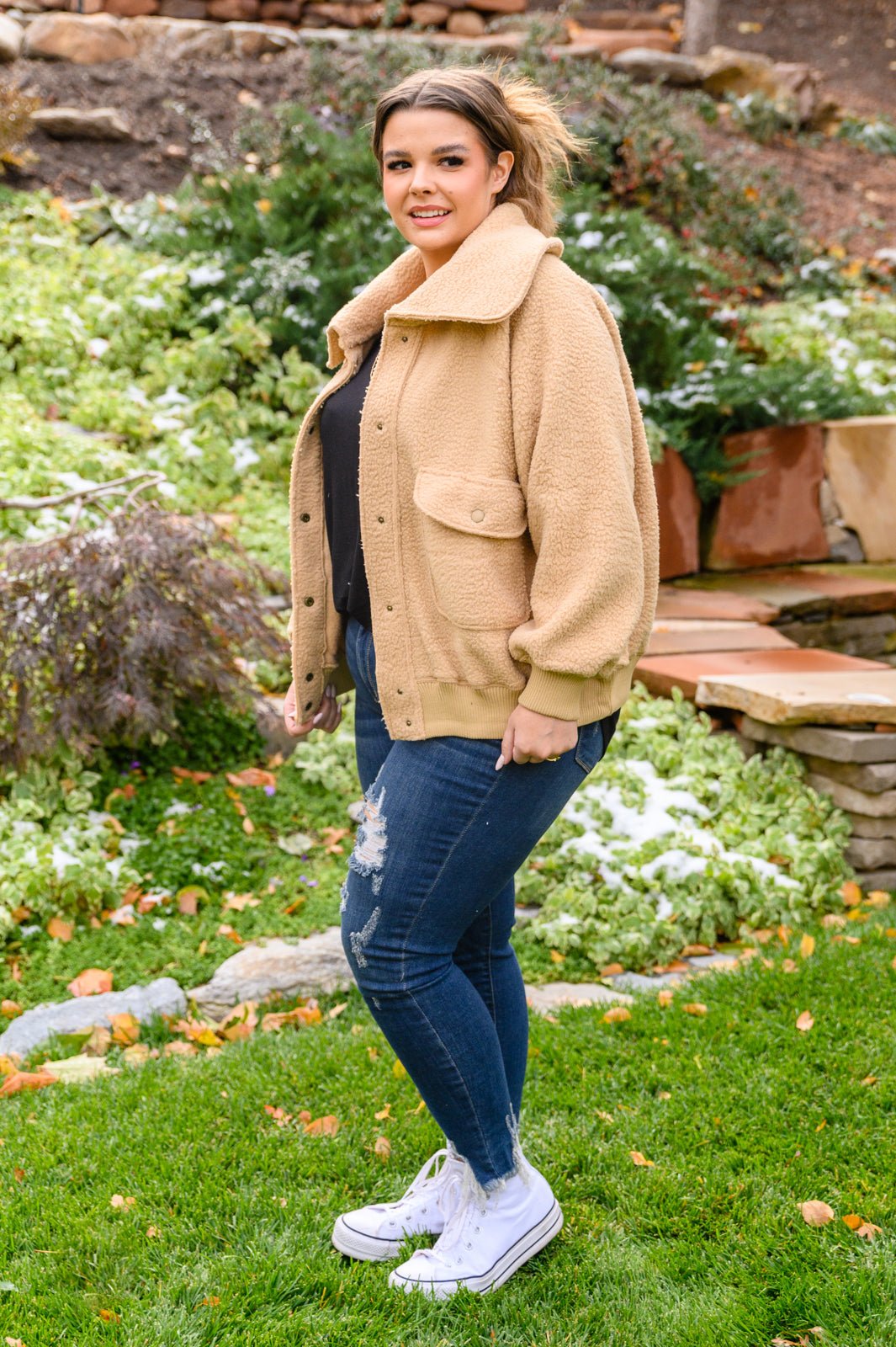 Don't Stress Oversized Collar Sherpa Jacket In Taupe (Online Exclusive) - Uptown Boutique Ramona