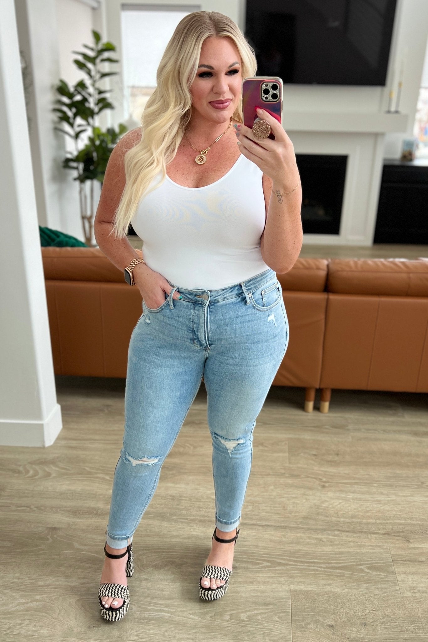 Eloise Mid Rise Control Top Distressed Skinny Jeans (Online Exclusive) - Uptown Boutique Ramona