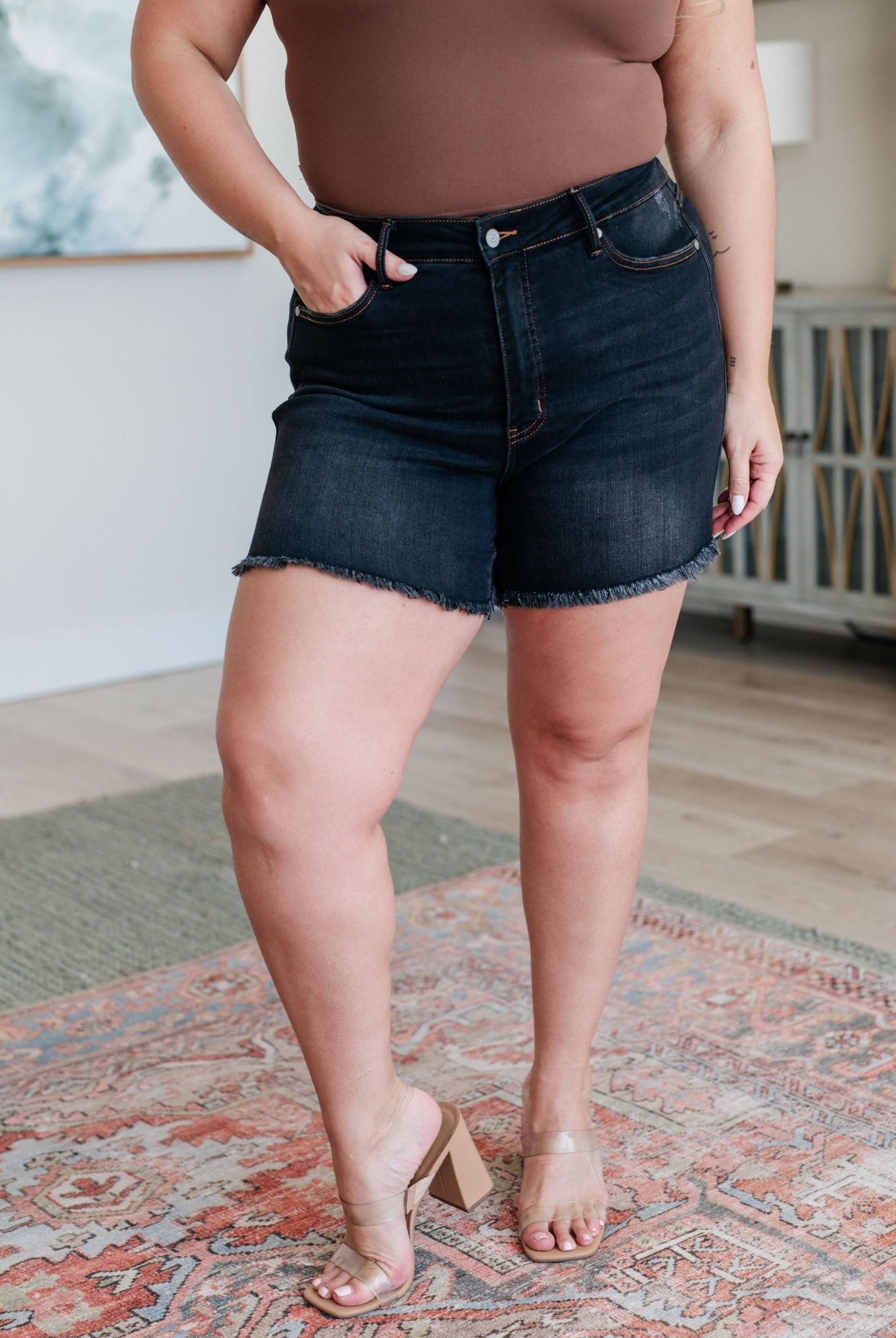 Ember High Rise Control Top Fray Hem Shorts (Online Exclusive) - Uptown Boutique Ramona