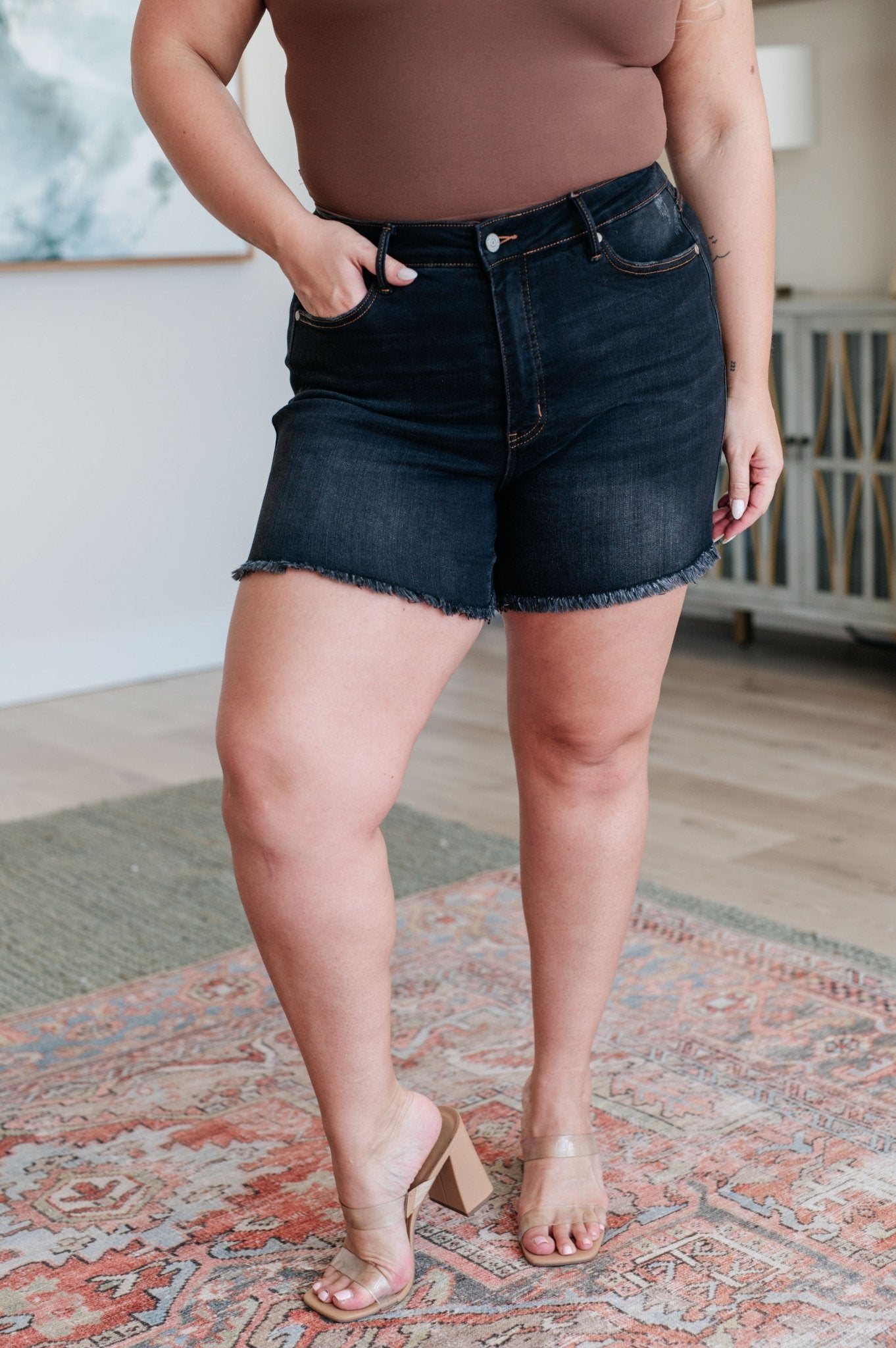 Ember High Rise Control Top Fray Hem Shorts (Online Exclusive) - Uptown Boutique Ramona