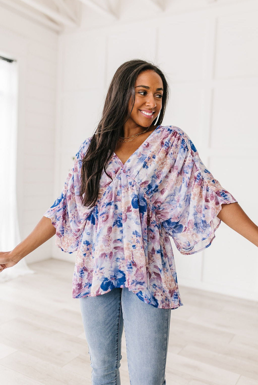 Fabled in Floral Draped Peplum Top in Blue (Online Exclusive) - Uptown Boutique Ramona