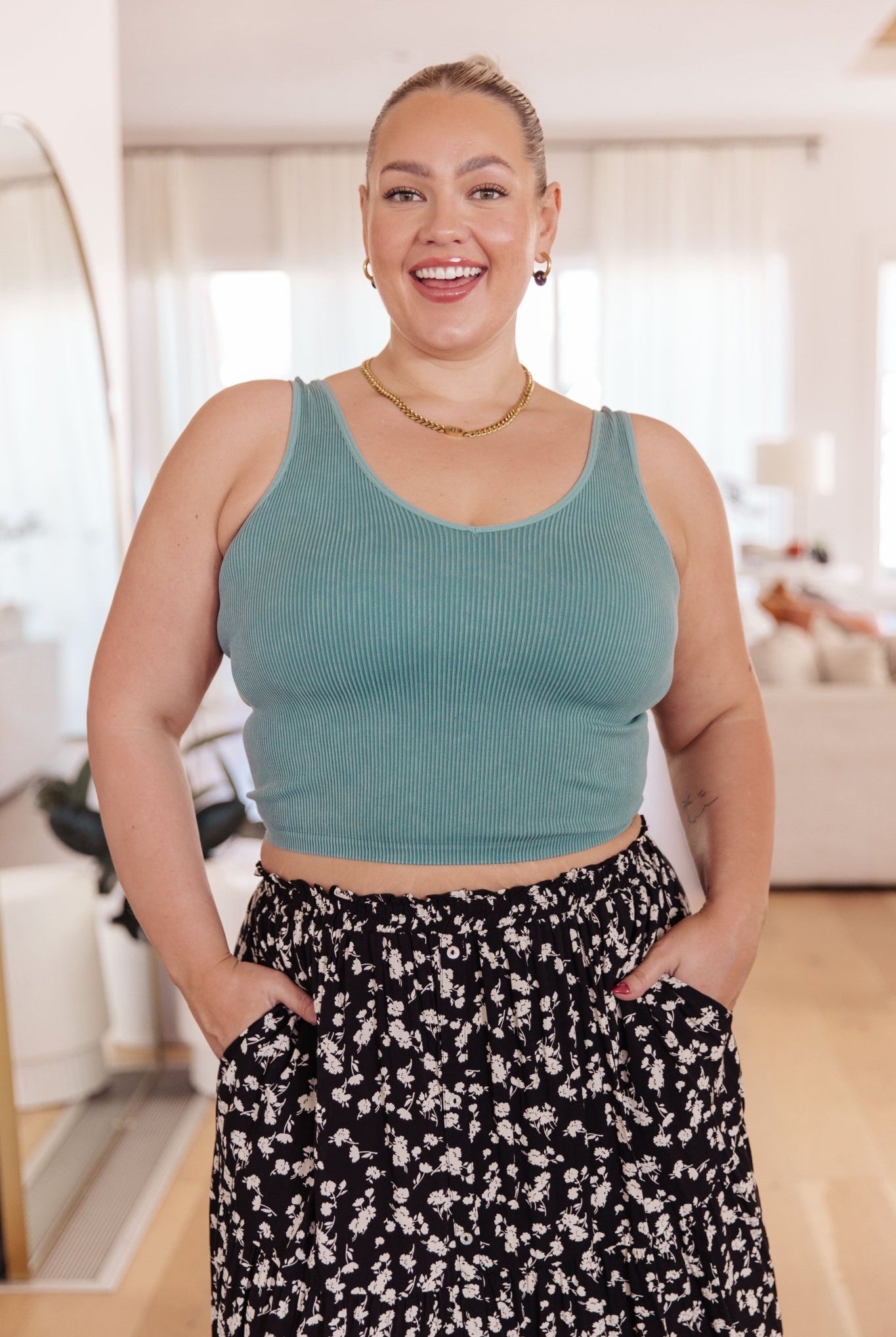 Fundamentals Ribbed Seamless Reversible Tank in Vintage Blue (Online Exclusive) - Uptown Boutique Ramona