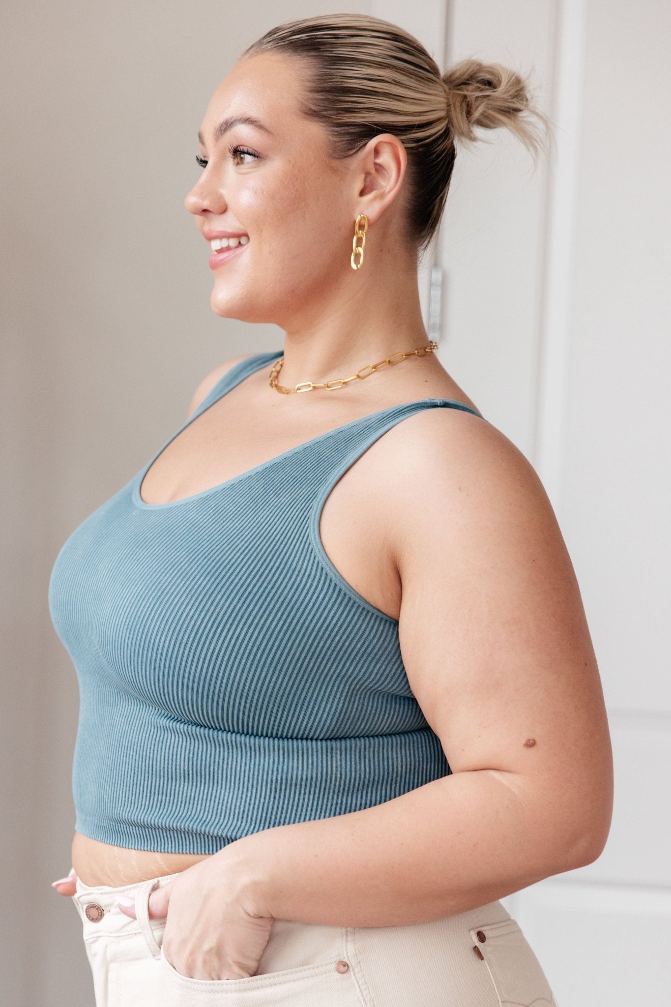 Fundamentals Ribbed Seamless Reversible Tank in Vintage Blue (Online Exclusive) - Uptown Boutique Ramona