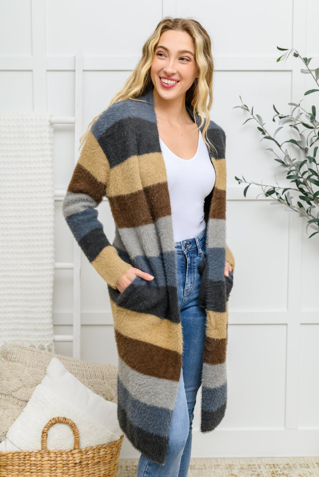 Fuzzy Longline Cardigan In Blue & Cocoa (Online Exclusive) - Uptown Boutique Ramona