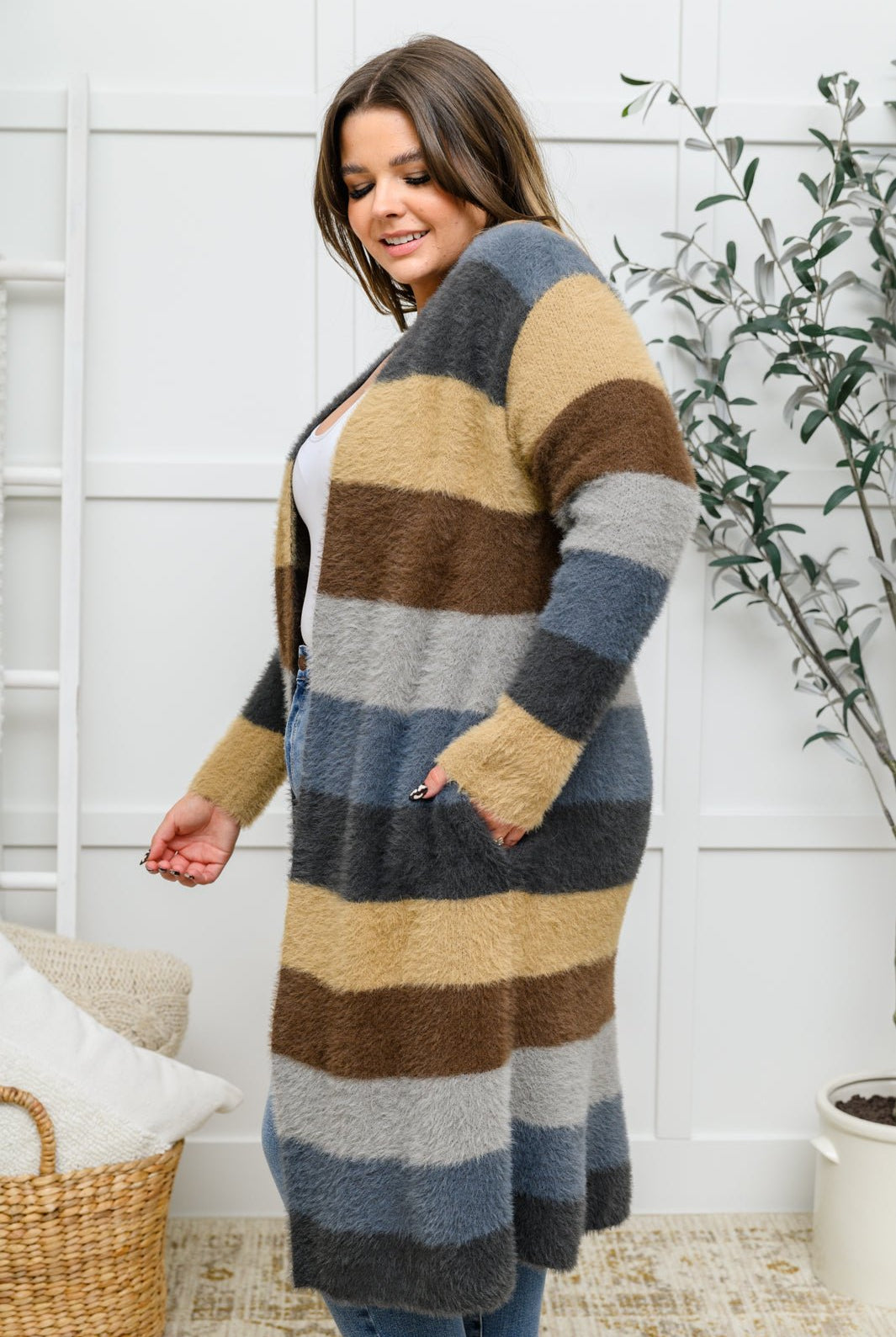 Fuzzy Longline Cardigan In Blue & Cocoa (Online Exclusive) - Uptown Boutique Ramona