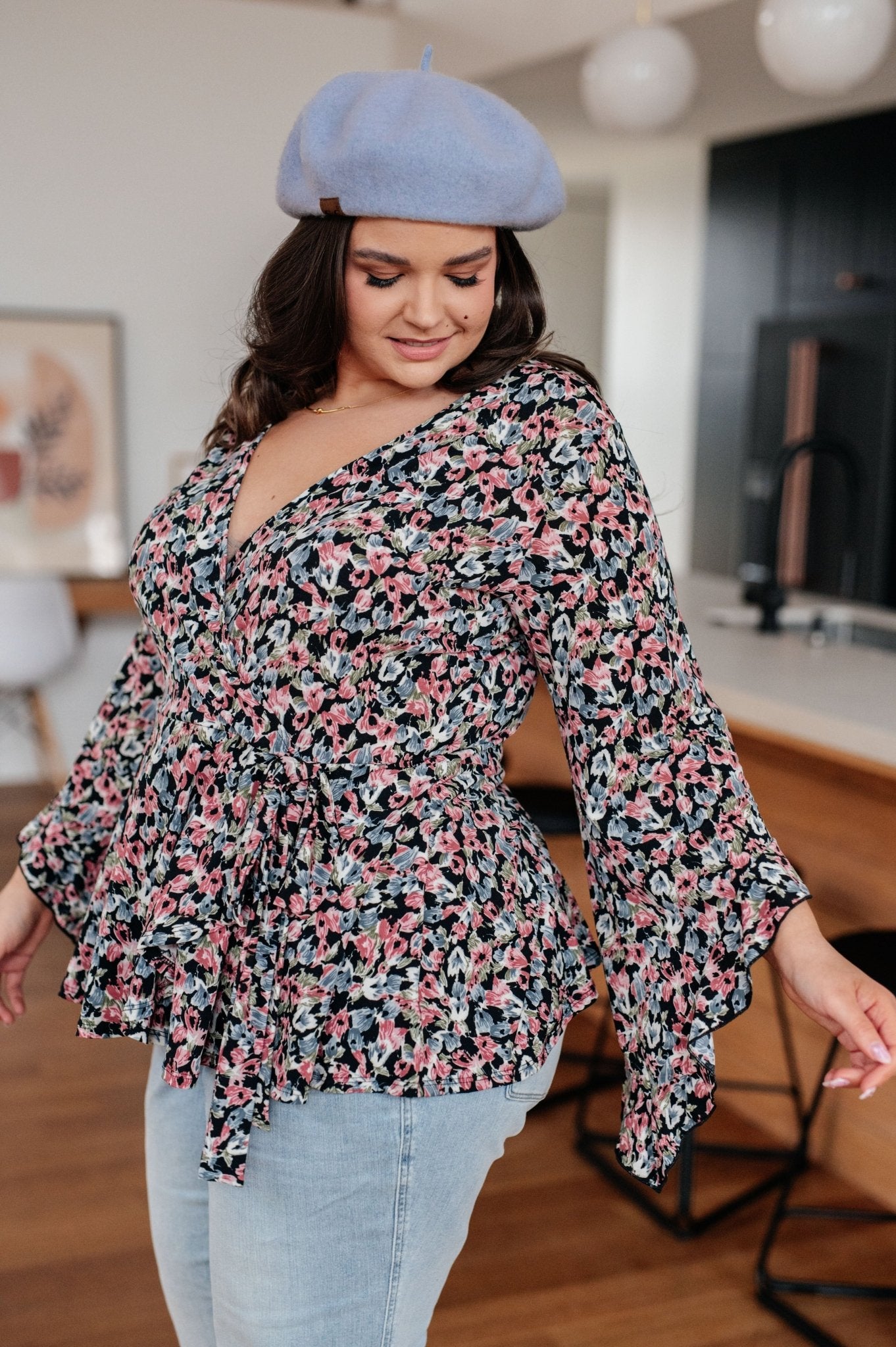Have It All Angel Sleeve Top in Black Floral (Online Exclusive) - Uptown Boutique Ramona