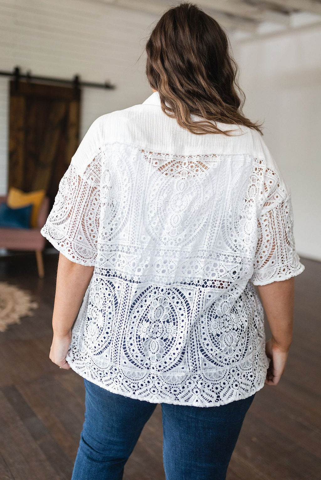 Head in the Clouds Lace Button Down - Uptown Boutique Ramona