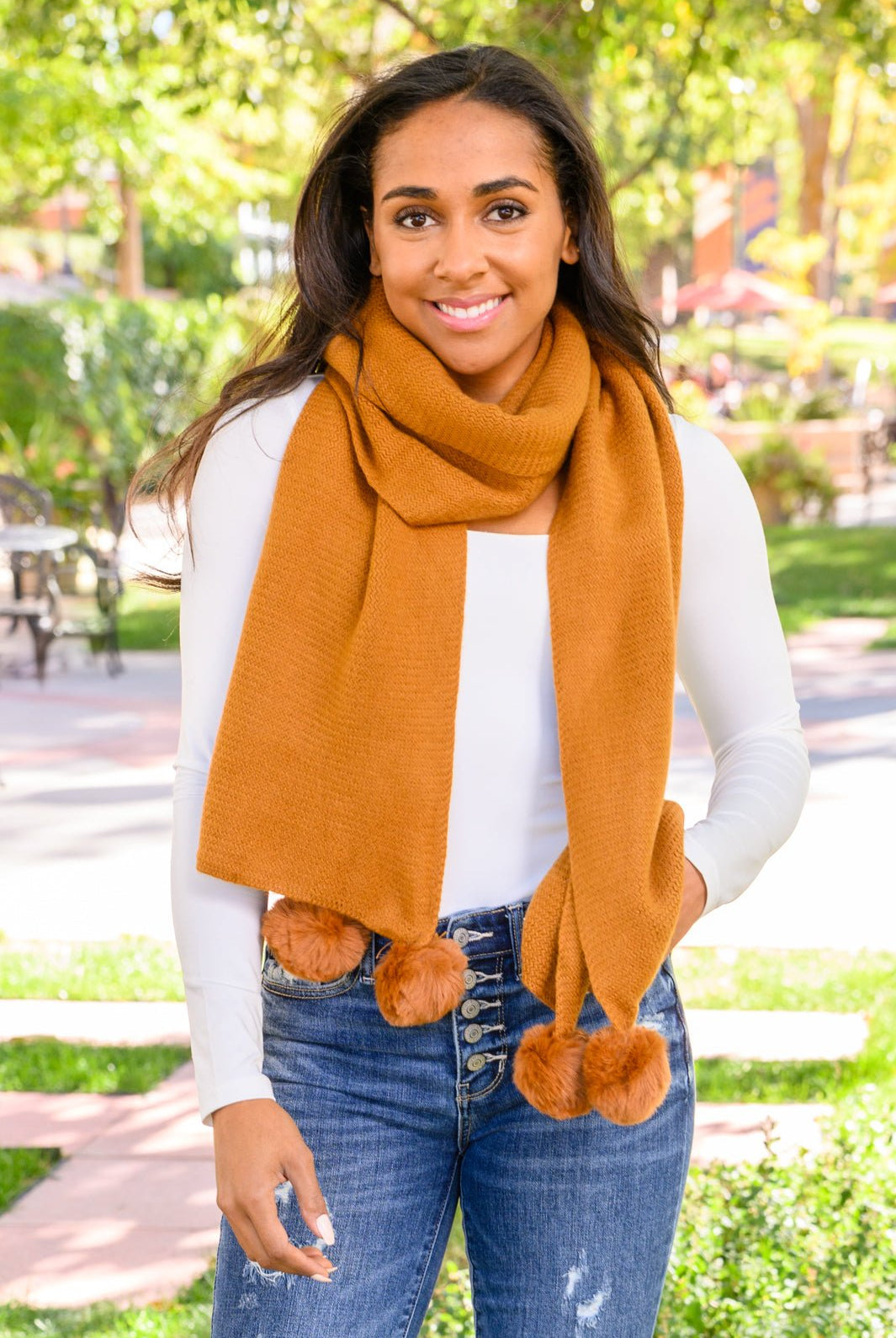 Knitted Fuzzy Pom Pom Scarf In Ginger (Online Exclusive) - Uptown Boutique Ramona