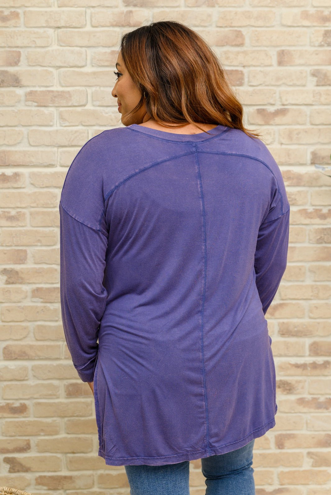 Long Sleeve Knit Top With Pocket In Denim Blue (Online Exclusive) - Uptown Boutique Ramona