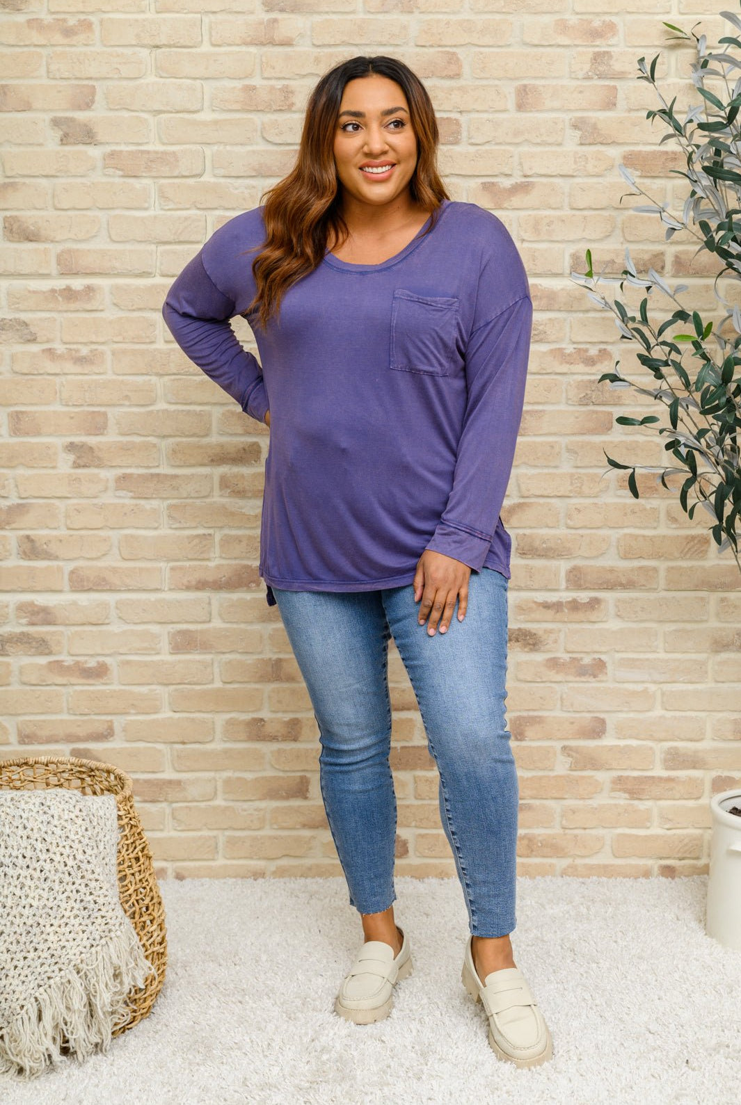 Long Sleeve Knit Top With Pocket In Denim Blue (Online Exclusive) - Uptown Boutique Ramona