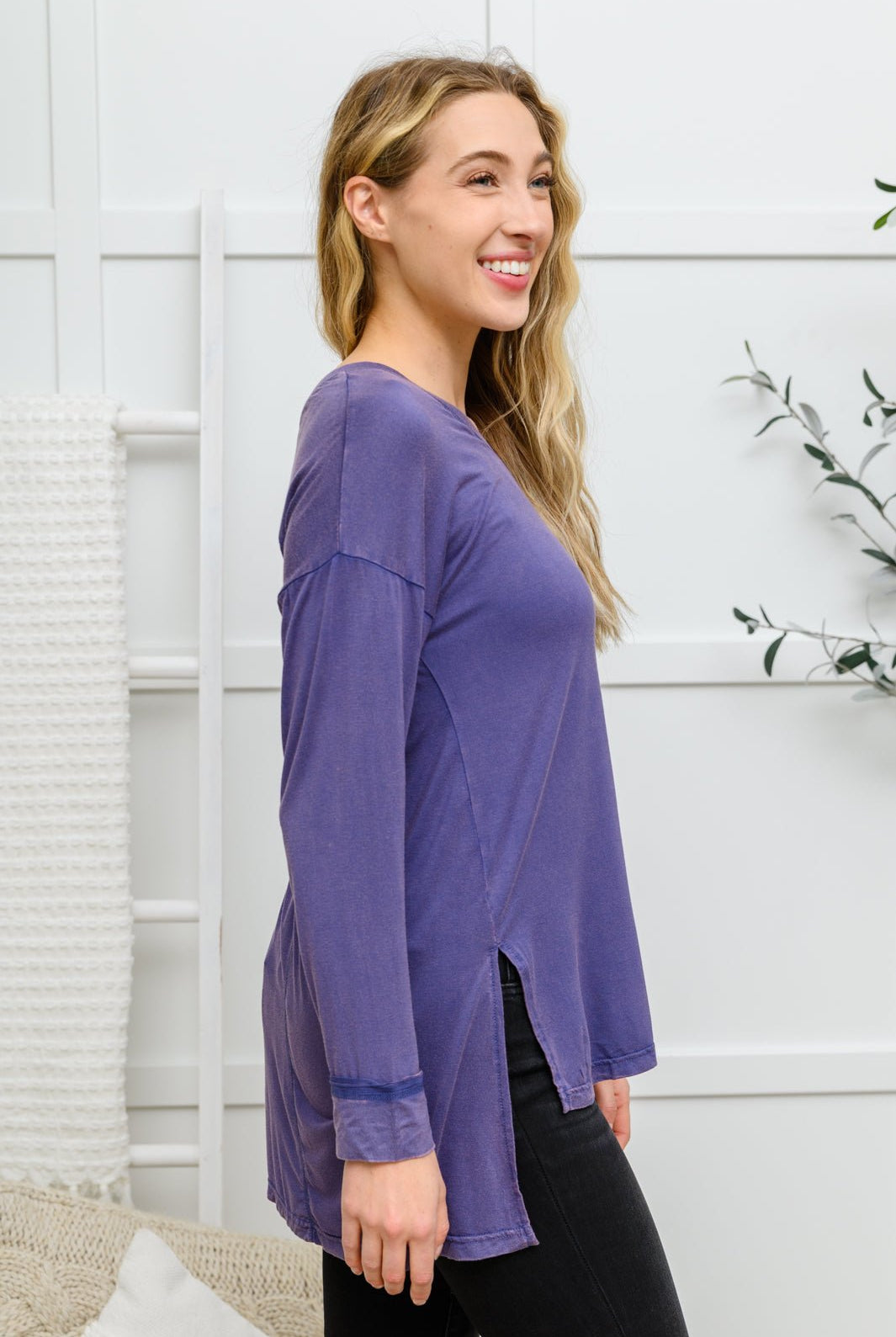 Long Sleeve Knit Top With Pocket In Denim Blue (Online Exclusive) - Uptown Boutique Ramona