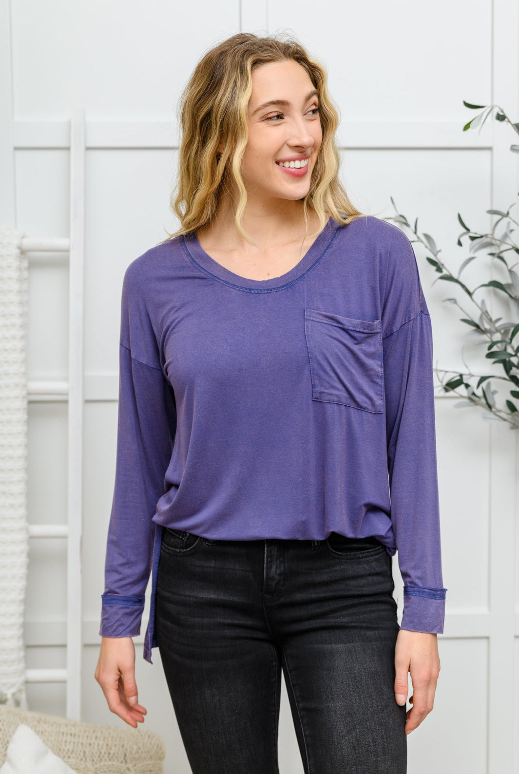 Long Sleeve Knit Top With Pocket In Denim Blue (Online Exclusive) - Uptown Boutique Ramona
