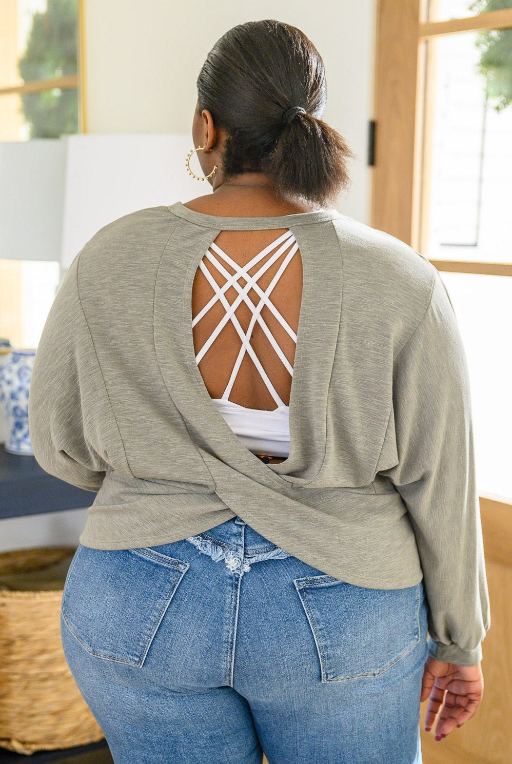 Long Sleeve Solid Knit Open Back Top In Olive (Online Exclusive) - Uptown Boutique Ramona