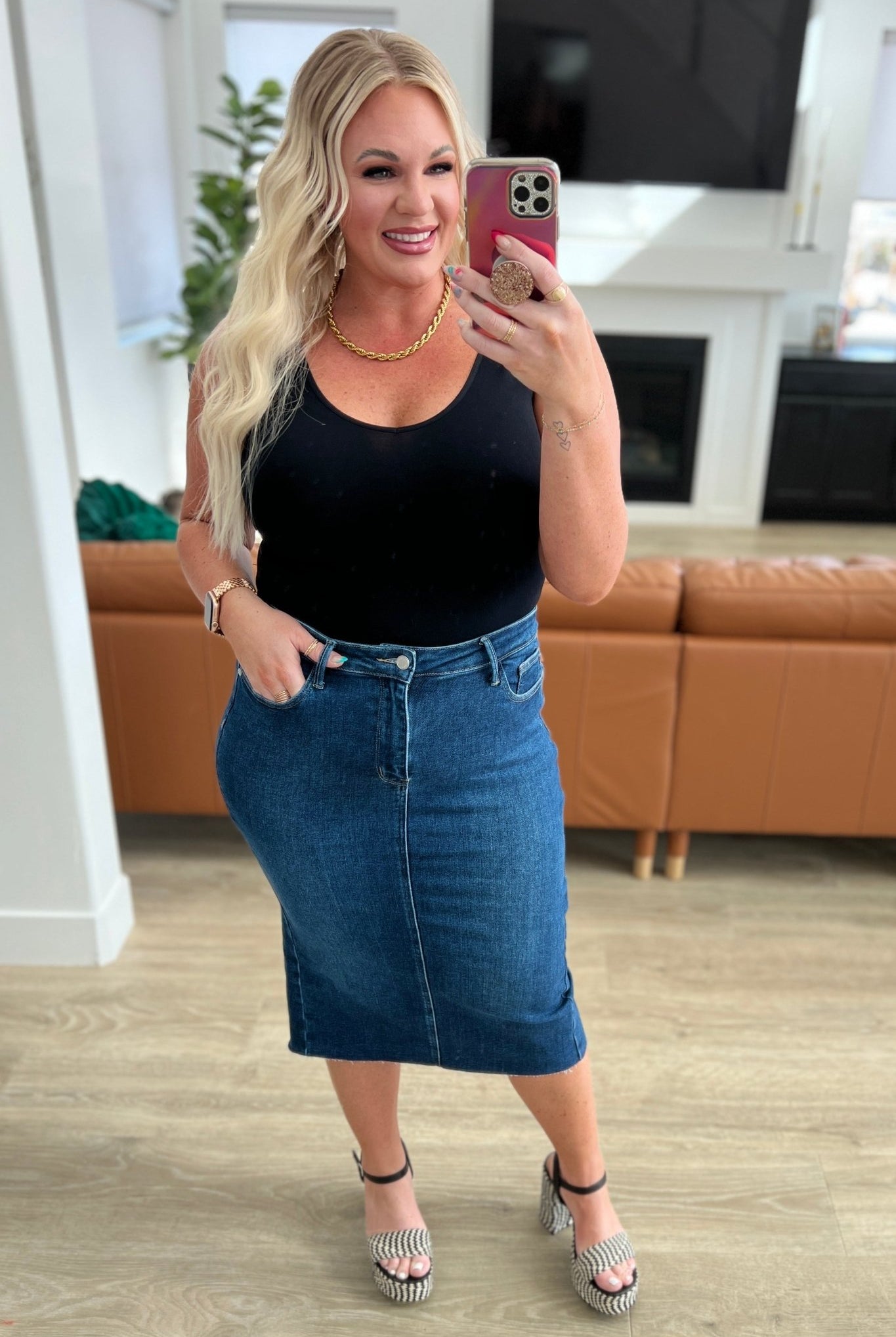 Marcy High Rise Denim Midi Skirt (Online Exclusive) - Uptown Boutique Ramona