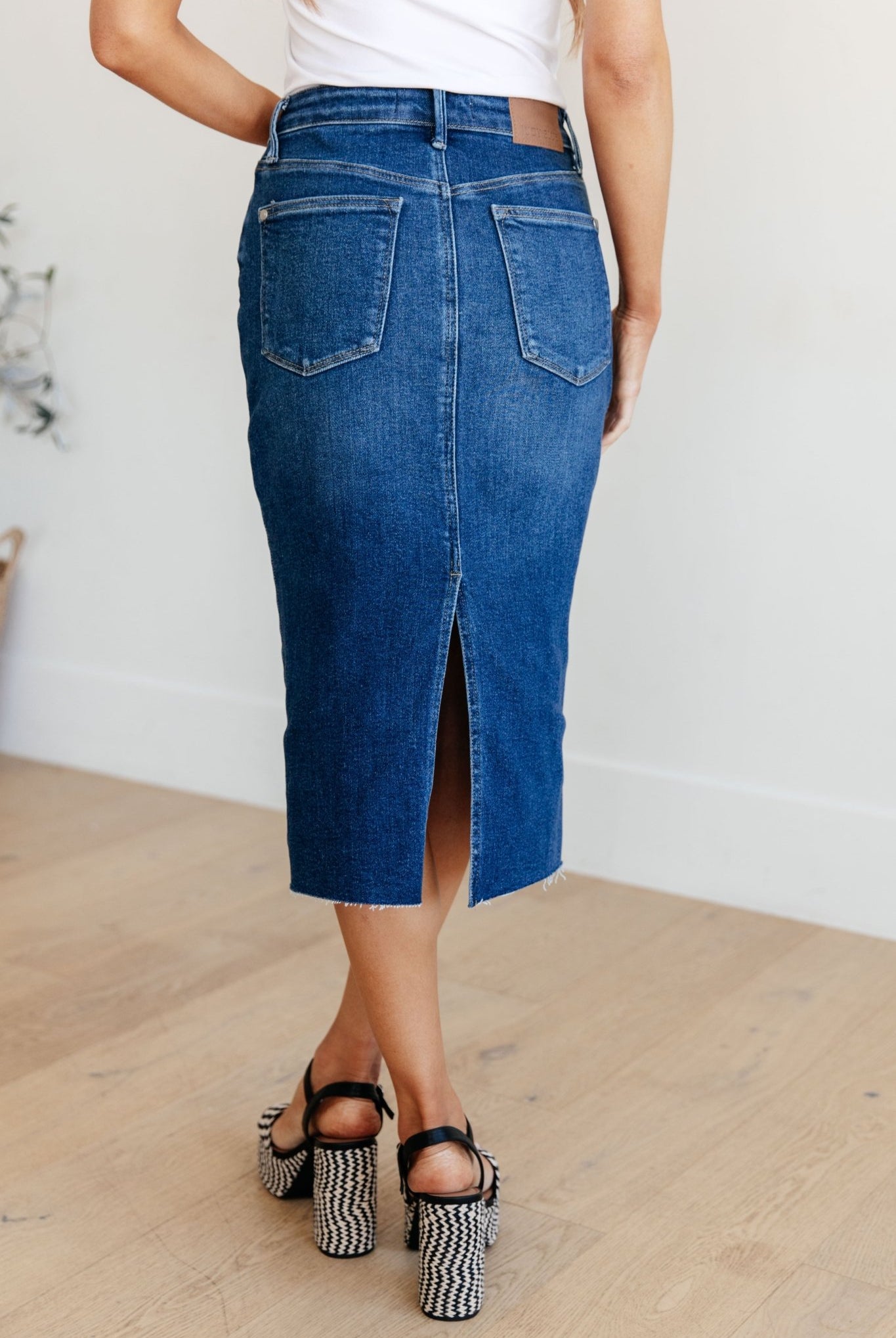 Marcy High Rise Denim Midi Skirt (Online Exclusive) - Uptown Boutique Ramona