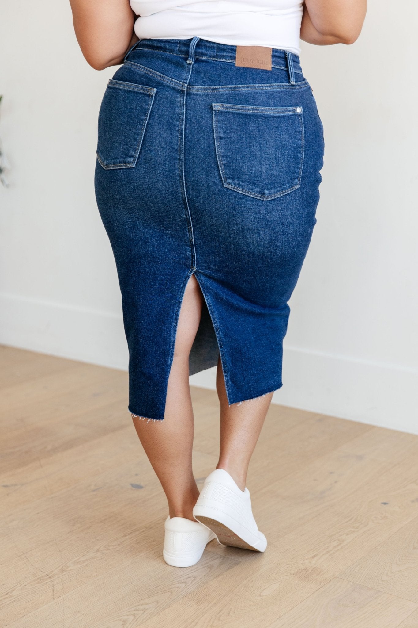 Marcy High Rise Denim Midi Skirt (Online Exclusive) - Uptown Boutique Ramona
