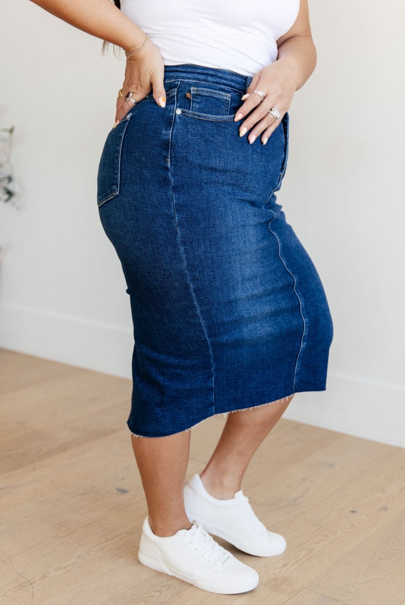 Marcy High Rise Denim Midi Skirt (Online Exclusive) - Uptown Boutique Ramona