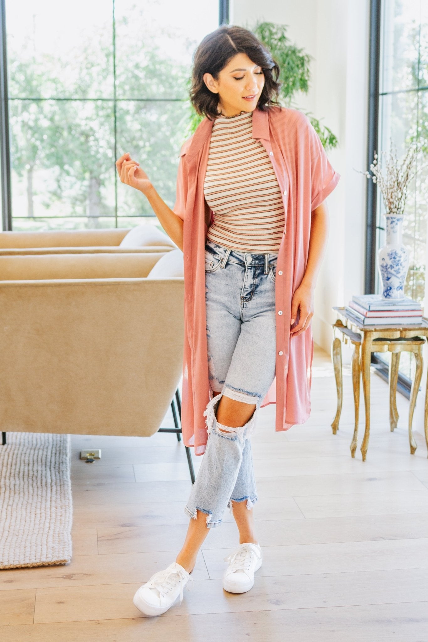 Nostalgic Note Striped Mock Neck Top (Online Exclusive) - Uptown Boutique Ramona