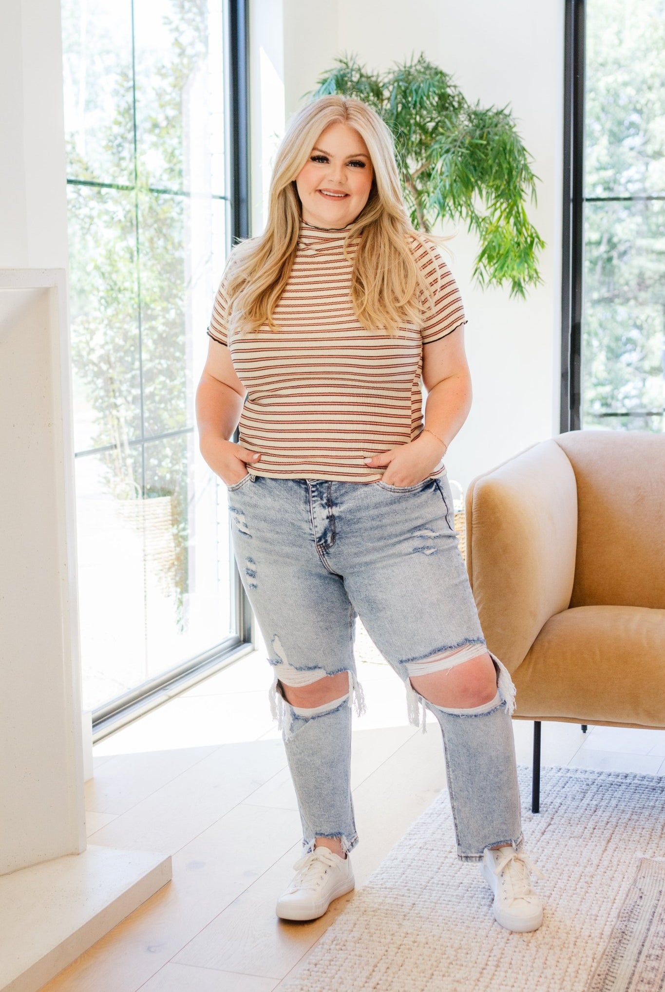 Nostalgic Note Striped Mock Neck Top (Online Exclusive) - Uptown Boutique Ramona