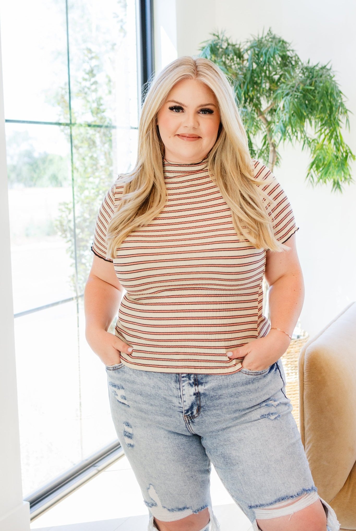 Nostalgic Note Striped Mock Neck Top (Online Exclusive) - Uptown Boutique Ramona
