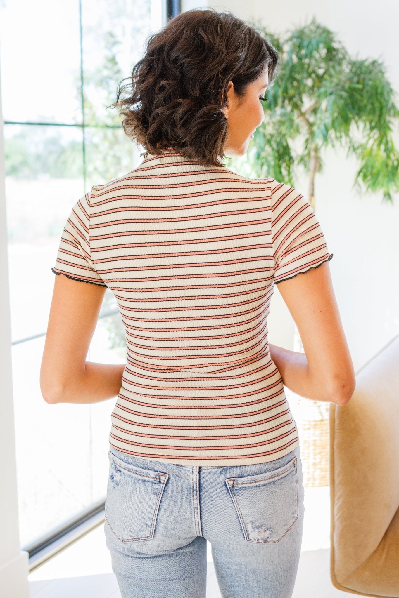 Nostalgic Note Striped Mock Neck Top (Online Exclusive) - Uptown Boutique Ramona