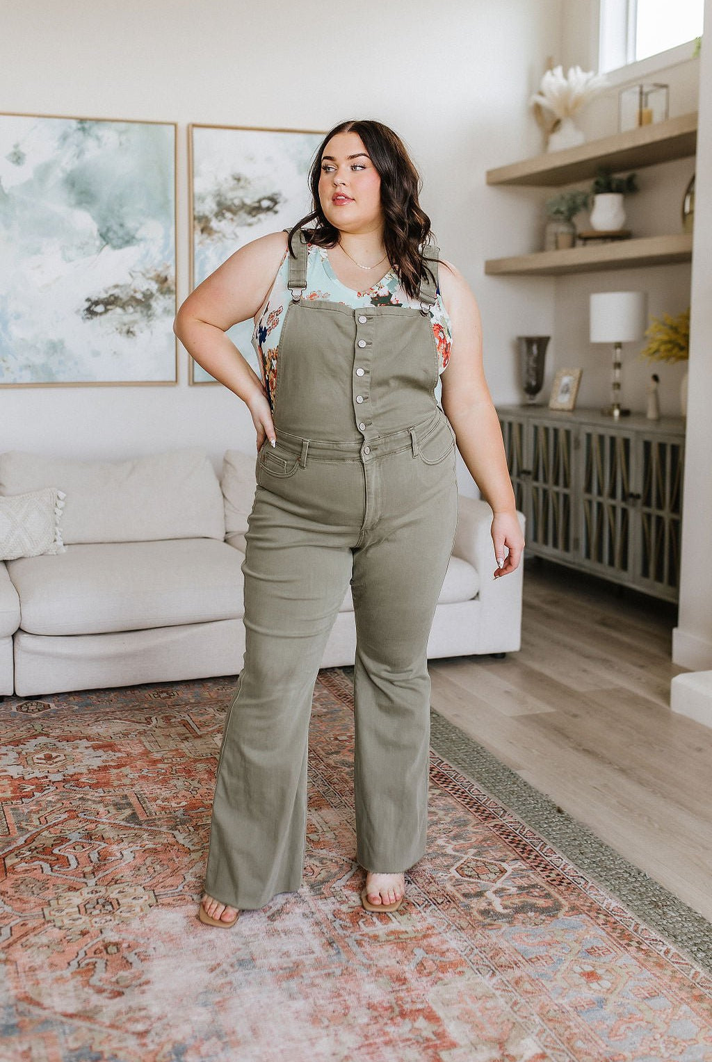 Olivia Control Top Release Hem Overalls in Olive (Online Exclusive) - Uptown Boutique Ramona