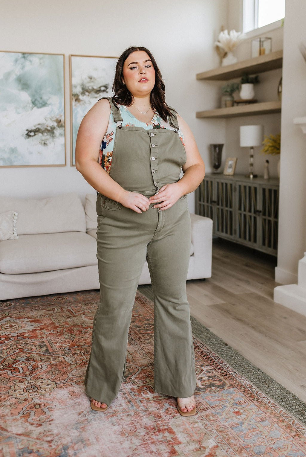 Olivia Control Top Release Hem Overalls in Olive (Online Exclusive) - Uptown Boutique Ramona