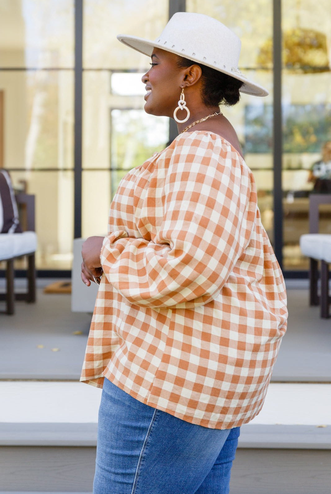 One Fine Afternoon Gingham Plaid Top In Caramel (Online Exclusive) - Uptown Boutique Ramona