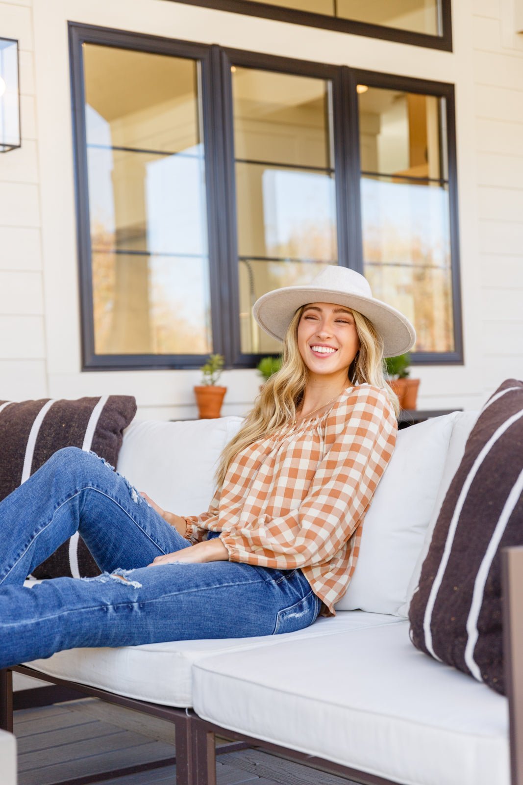 One Fine Afternoon Gingham Plaid Top In Caramel (Online Exclusive) - Uptown Boutique Ramona