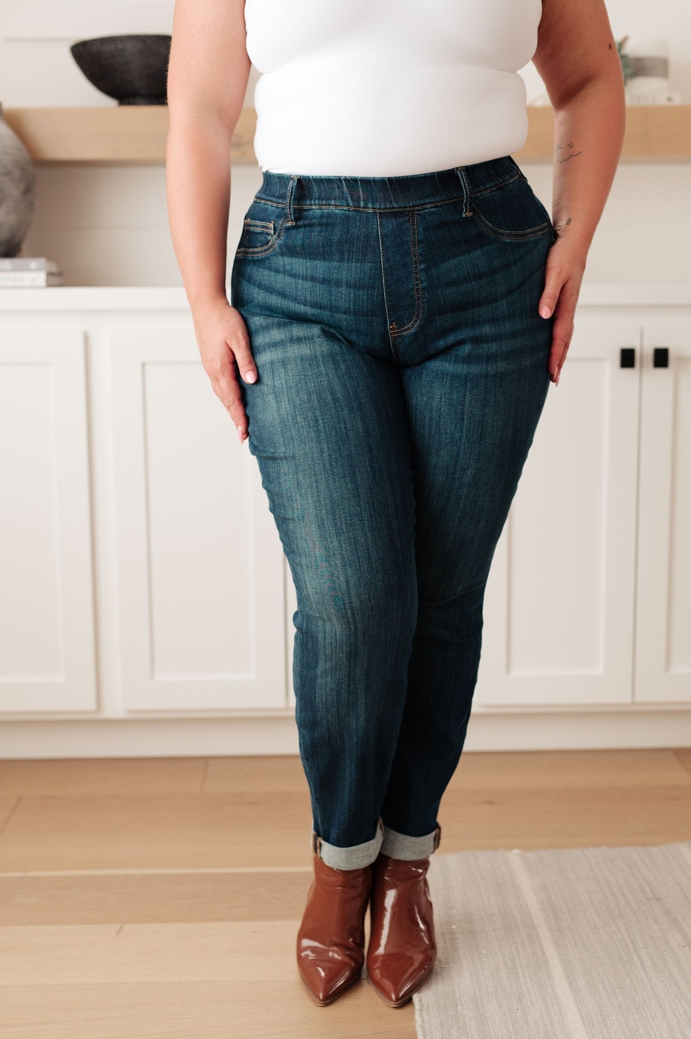 Rowena High Rise Pull On Double Cuff Slim Jeans (Online Exclusive) - Uptown Boutique Ramona