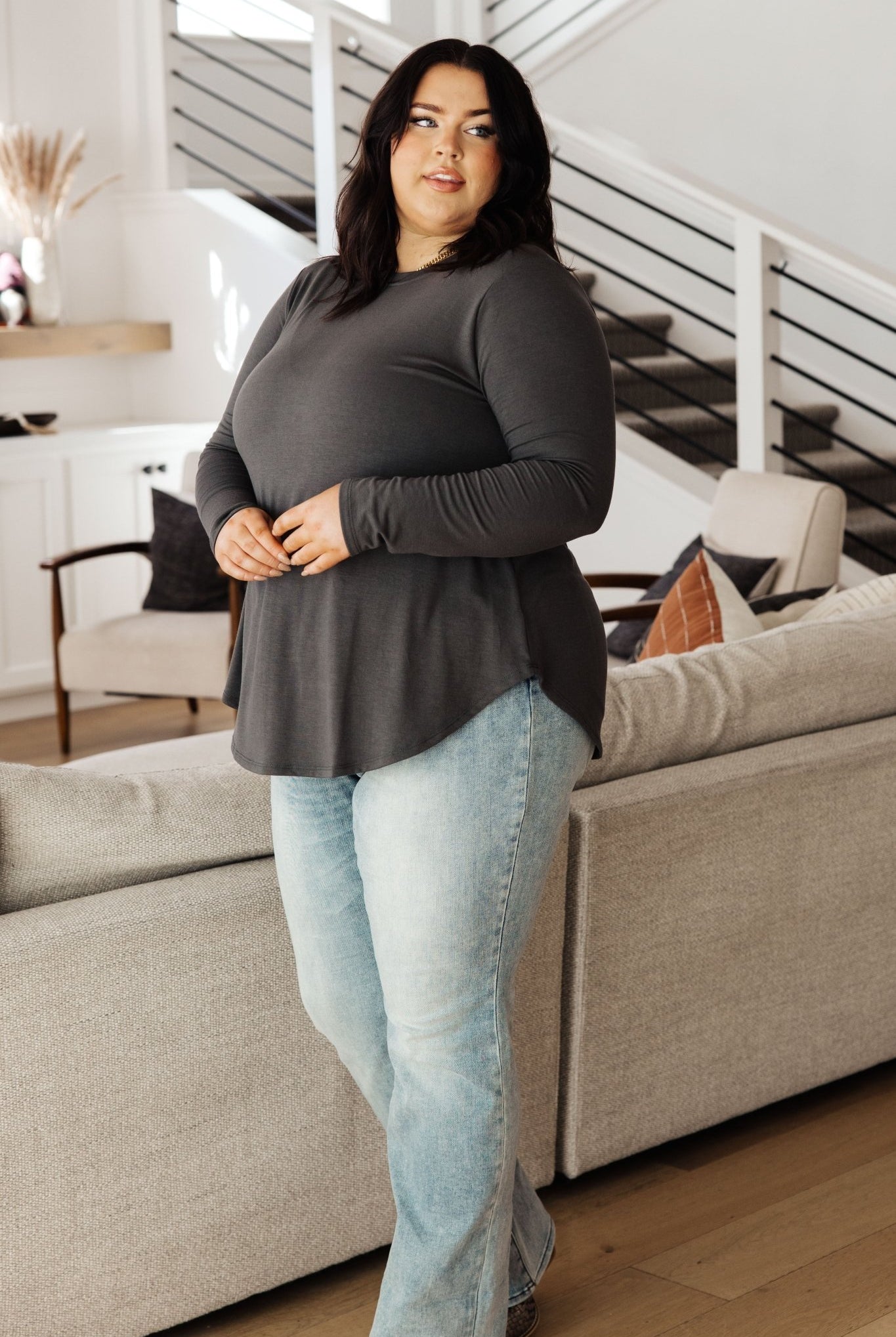 Scoop Me Up Long Sleeve Top in Ash Grey (Online Exclusive) - Uptown Boutique Ramona