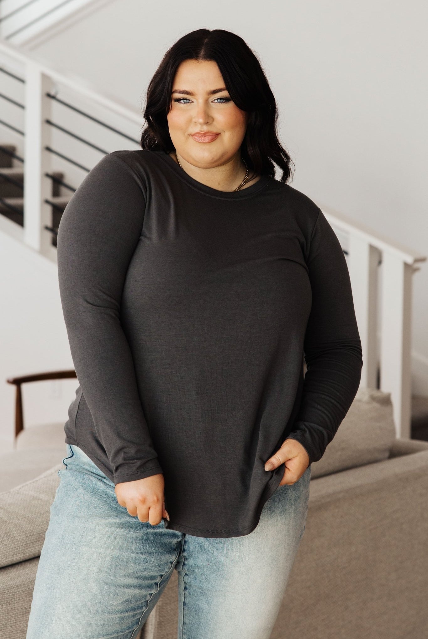 Scoop Me Up Long Sleeve Top in Ash Grey (Online Exclusive) - Uptown Boutique Ramona