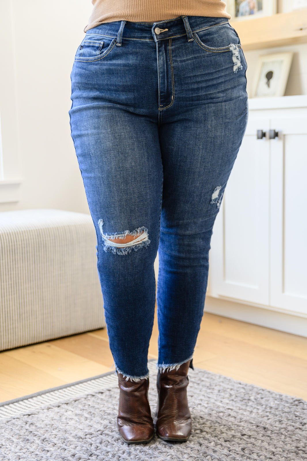 Annalise Slanted Raw Hem Skinny Jeans (Online Exclusive) - Uptown Boutique Ramona