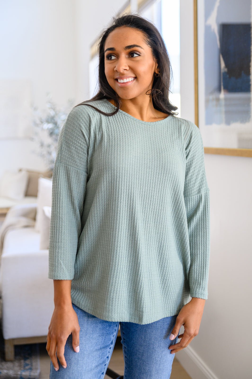 Austin Waffle Knit Basic Top In Sage (Online Exclusive) - Uptown Boutique Ramona