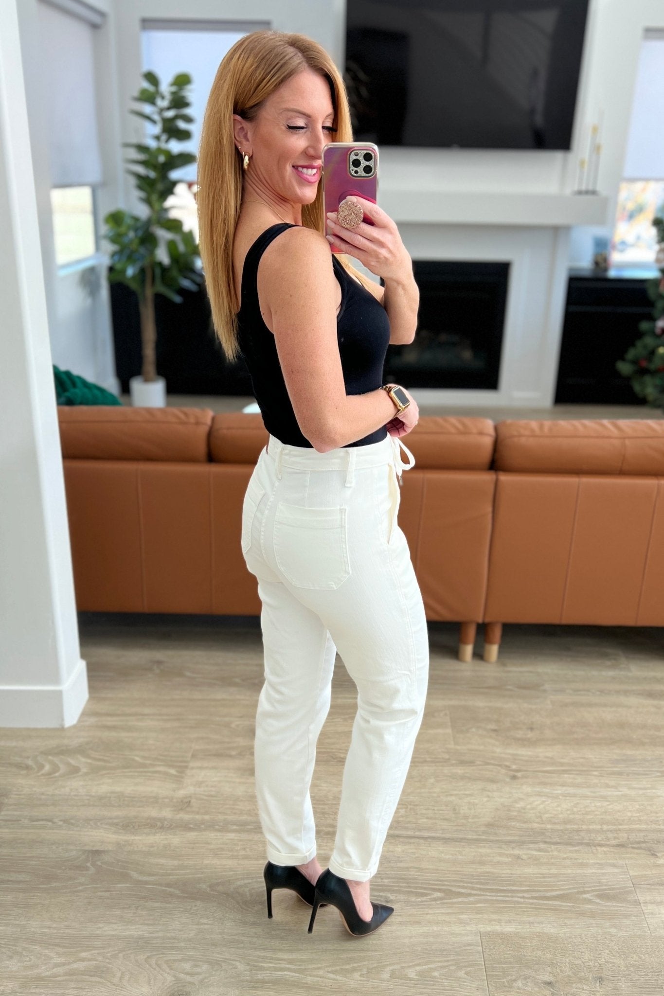 Charlene High Rise Contrast Thread Jogger in Ecru (Online Exclusive) - Uptown Boutique Ramona